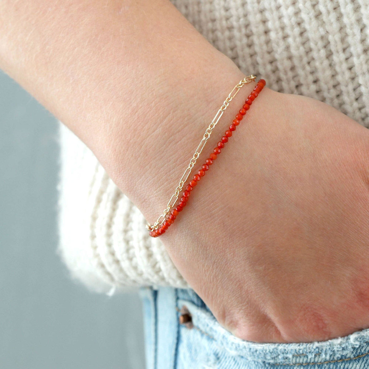 Petite Gemstone Beaded Bracelet Carnelian Red Green Malachite Blue Lapis Black Onyx Ships from CA