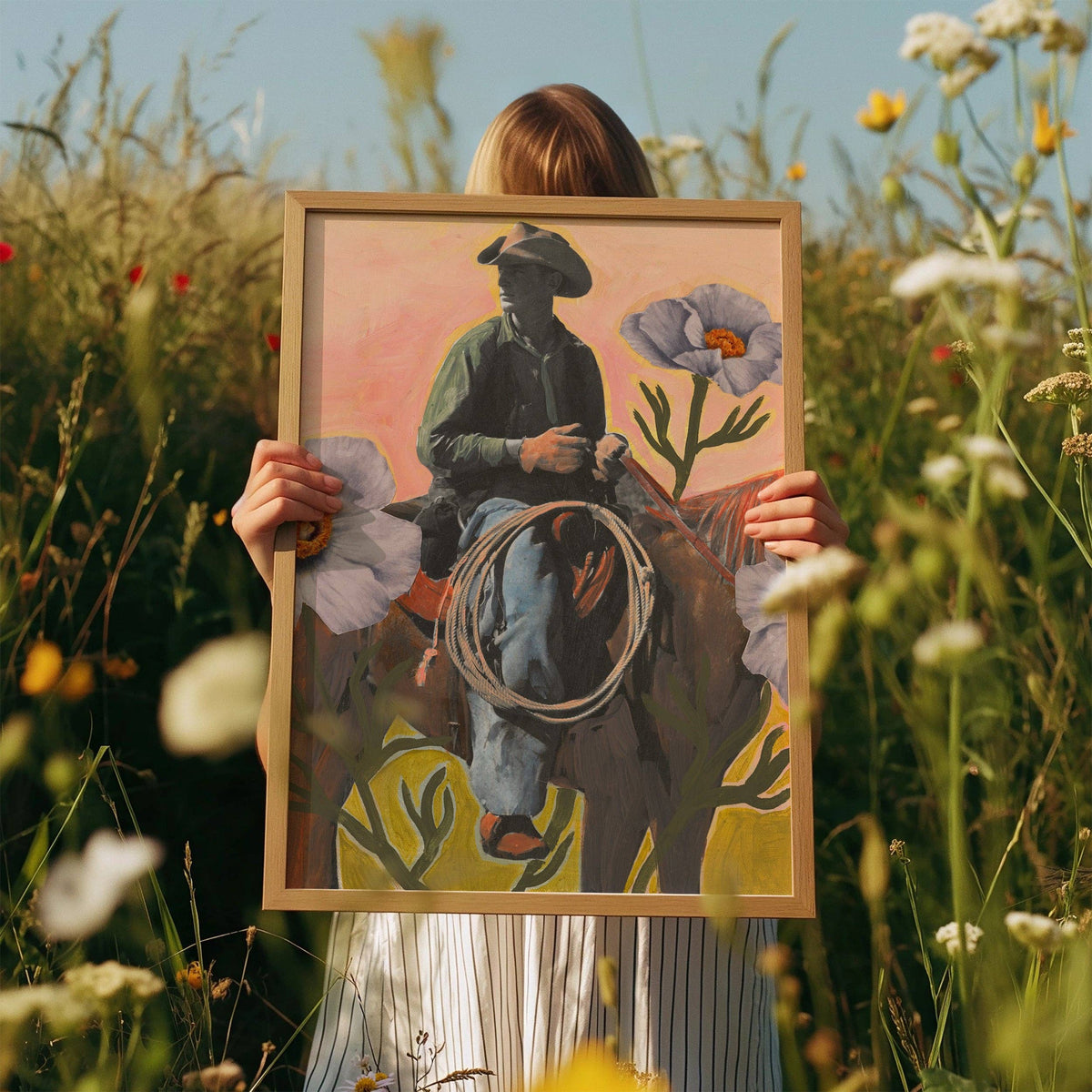 El Baker Art- Retro Rodeo Cowboy Poppy Collage Print