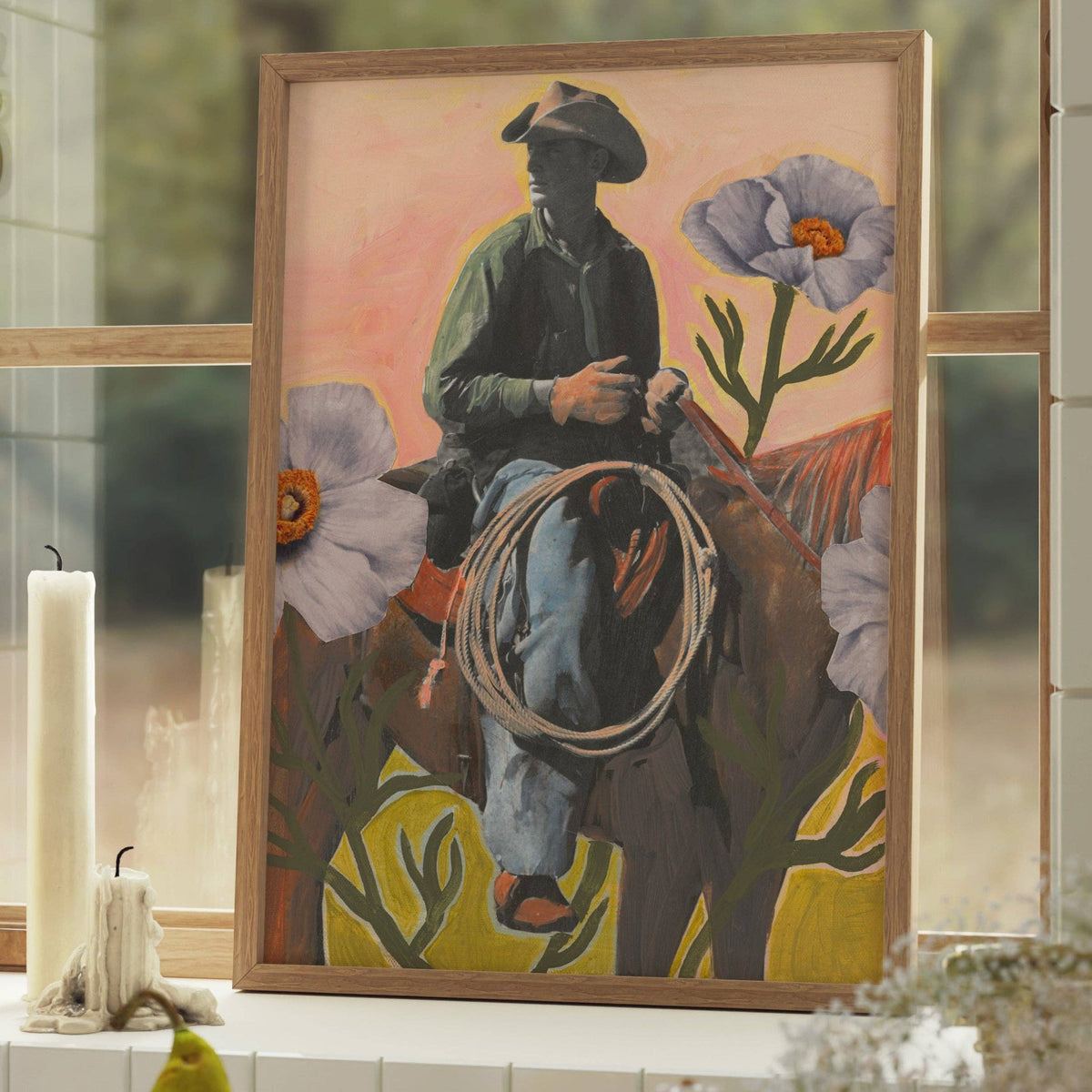 El Baker Art- Retro Rodeo Cowboy Poppy Collage Print