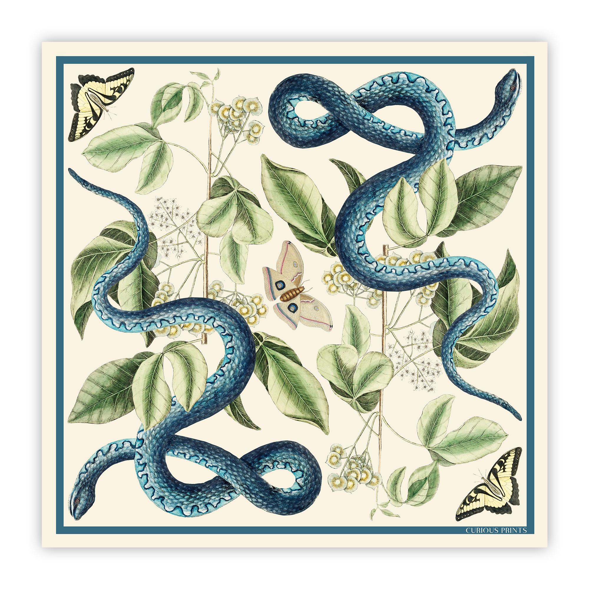 100% Silk Scarf Blue Snake and Butterfly Summer Bandana