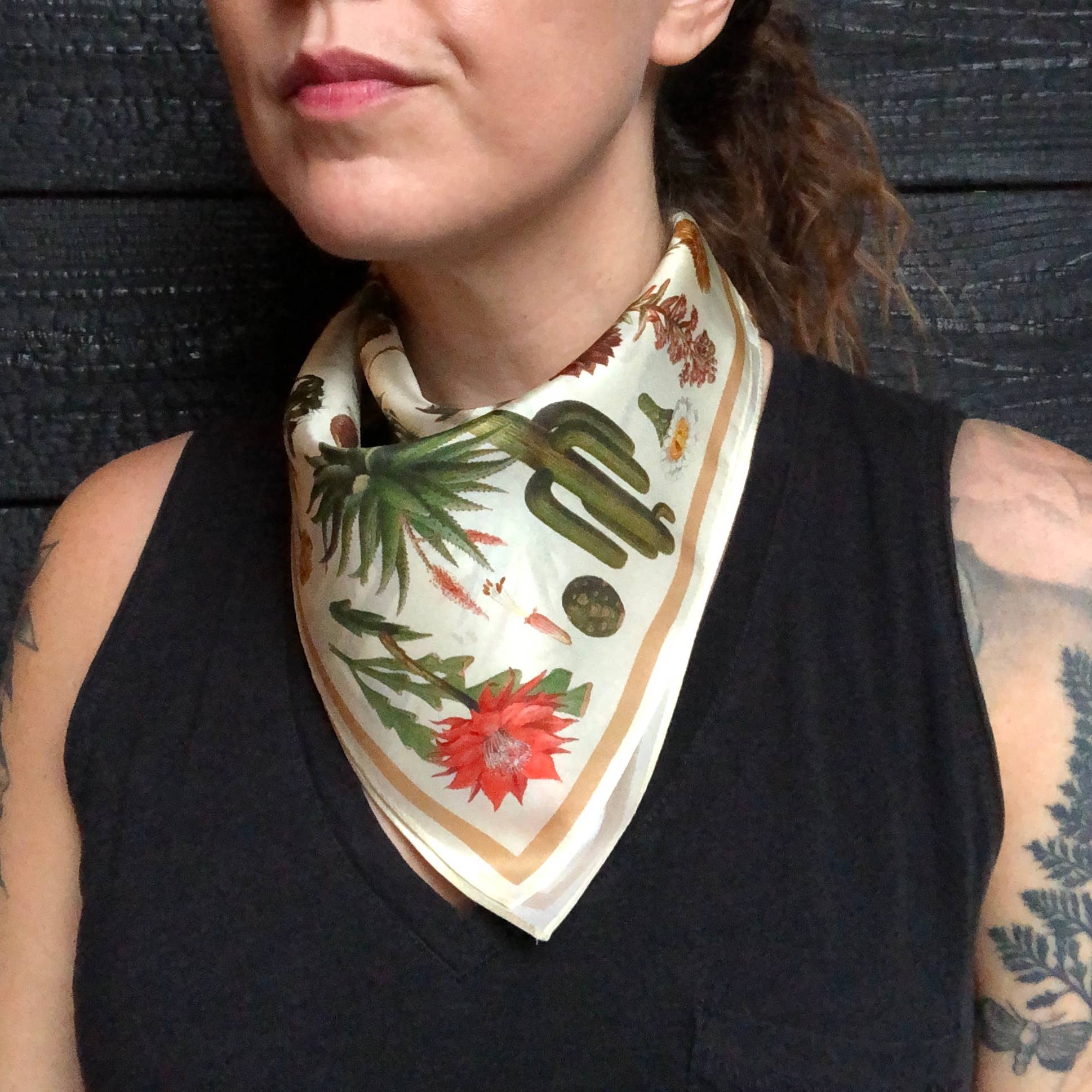 100% Silk Scarf Botanical Cactus Summer Bandana Tapestry
