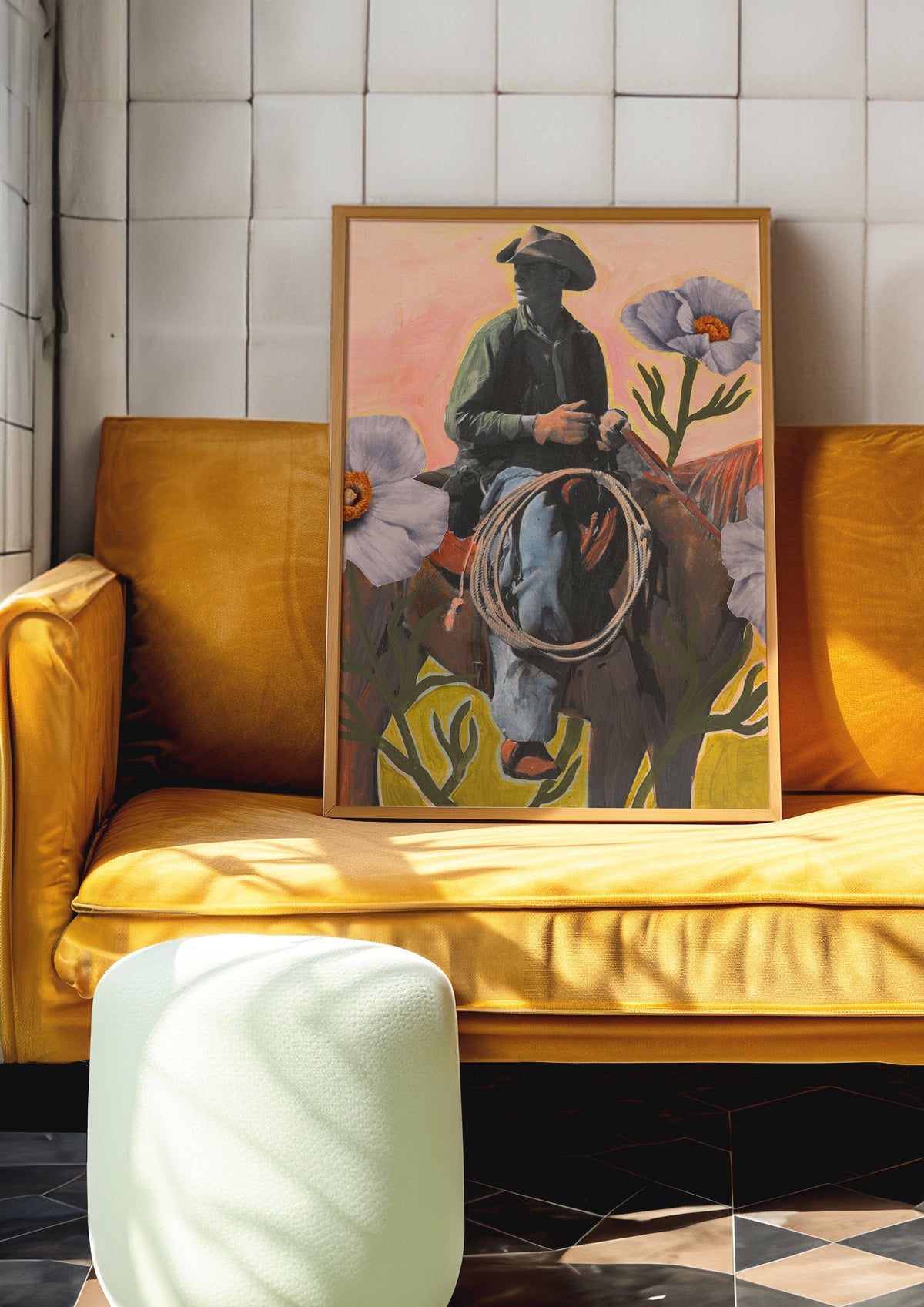 El Baker Art- Retro Rodeo Cowboy Poppy Collage Print