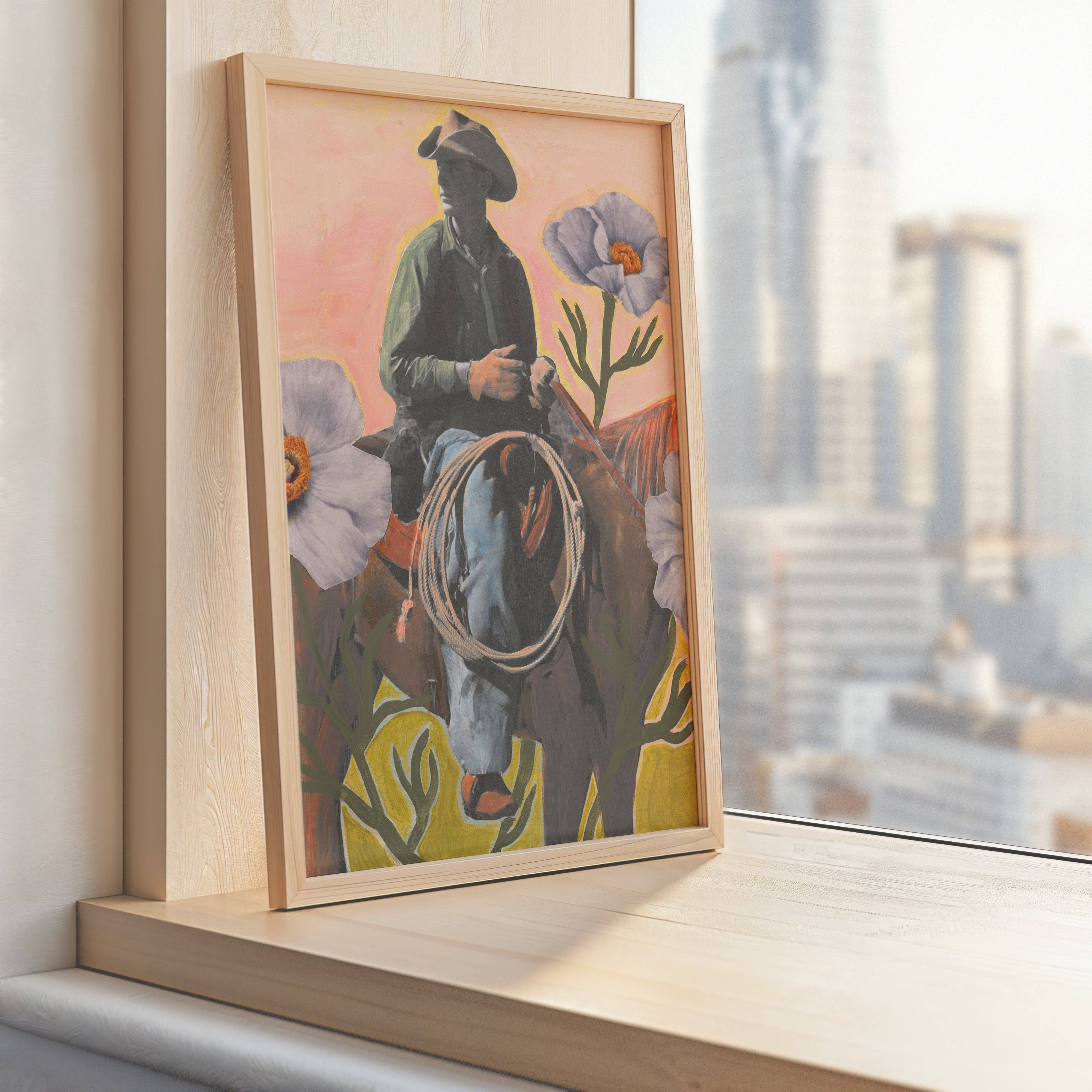 El Baker Art- Retro Rodeo Cowboy Poppy Collage Print