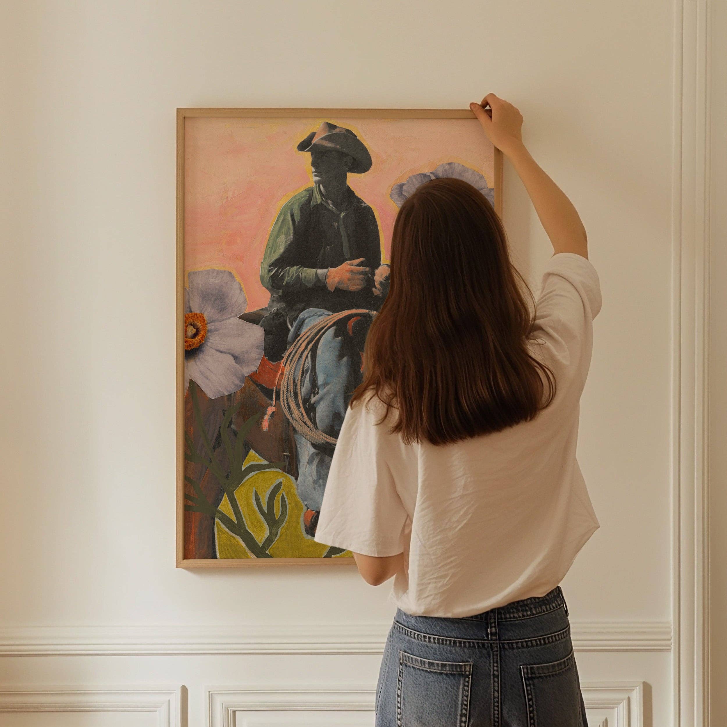 El Baker Art- Retro Rodeo Cowboy Poppy Collage Print