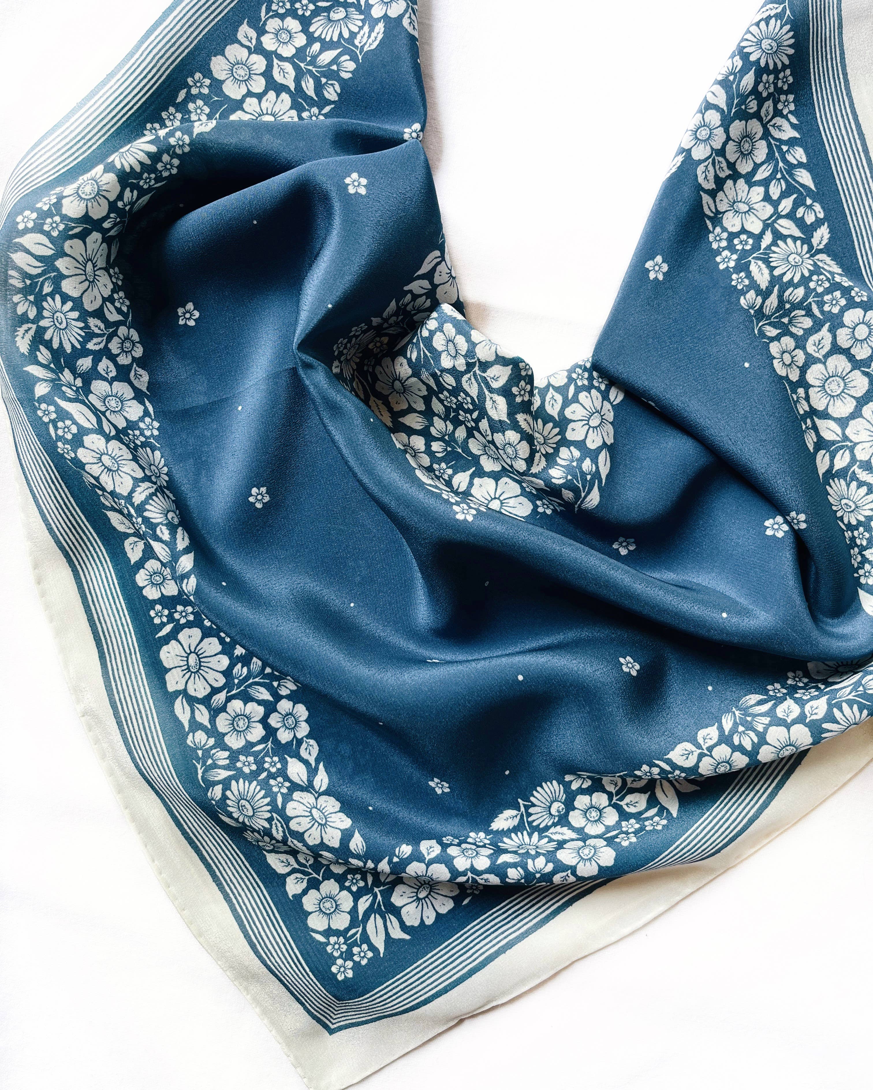 100% Silk Bandana Scarf - Santorini Floral China Blue