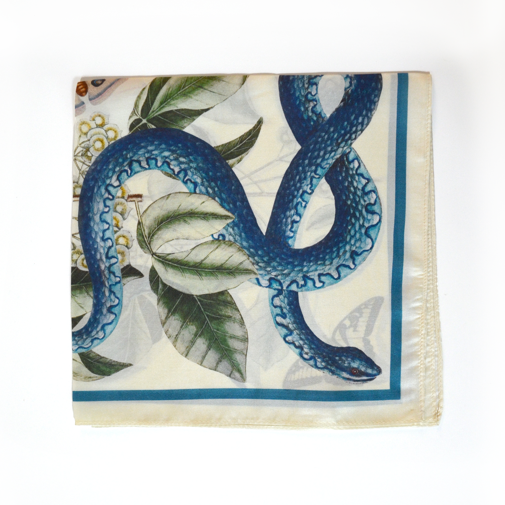 100% Silk Scarf Blue Snake and Butterfly Summer Bandana
