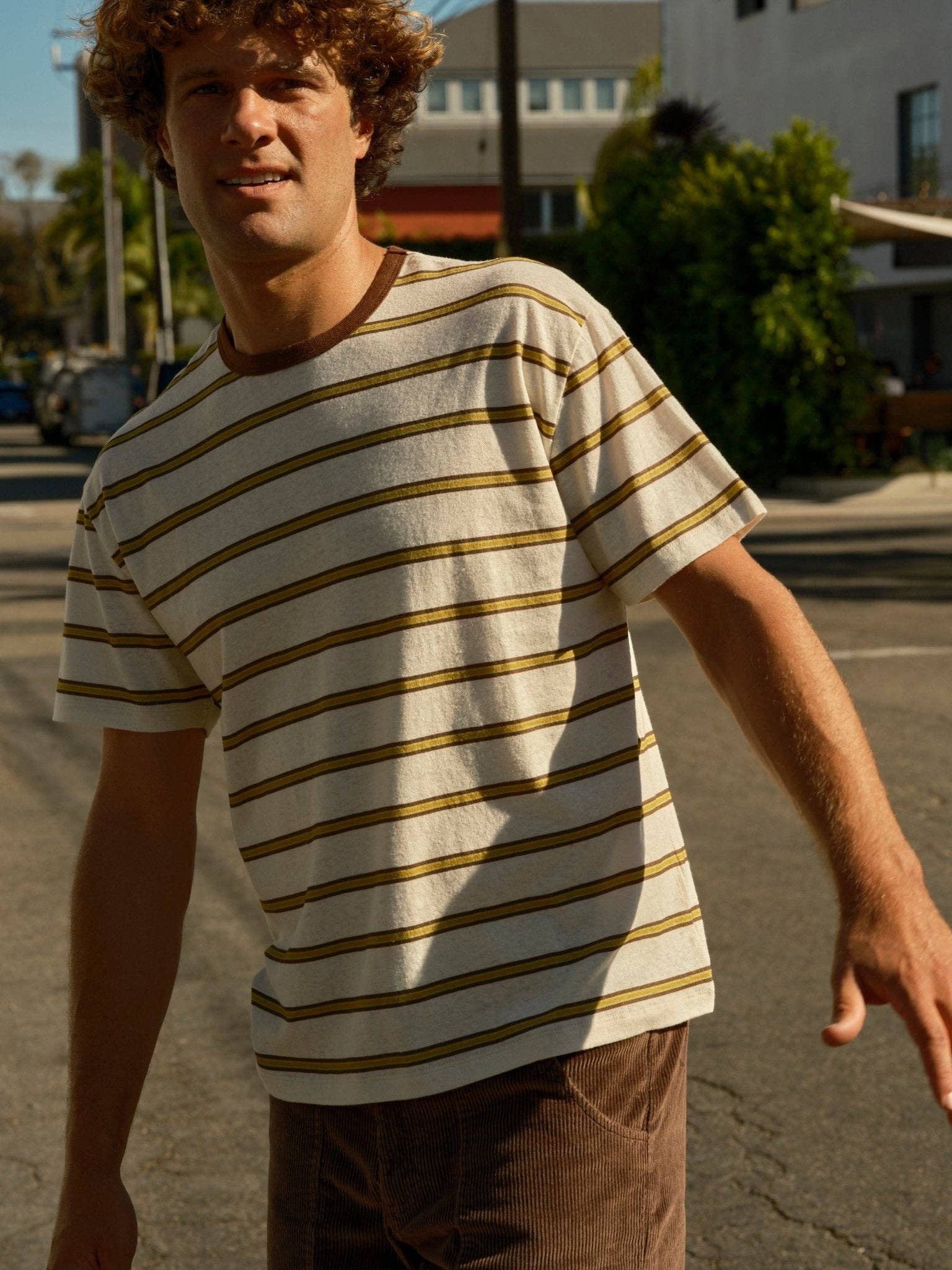 Mollusk- Hemp Tee in Brown and Gold Stripe