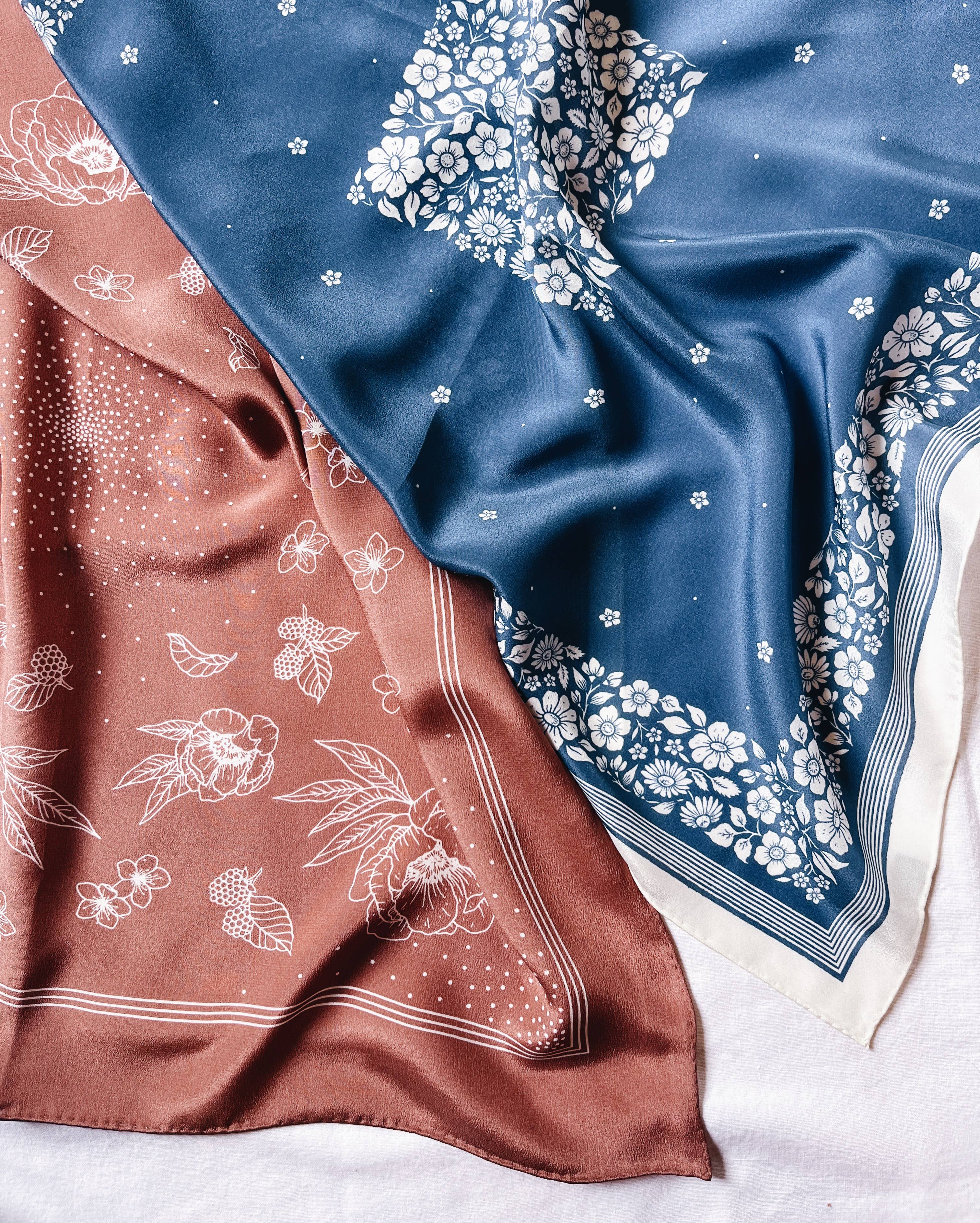 100% Silk Bandana Scarf - Santorini Floral China Blue