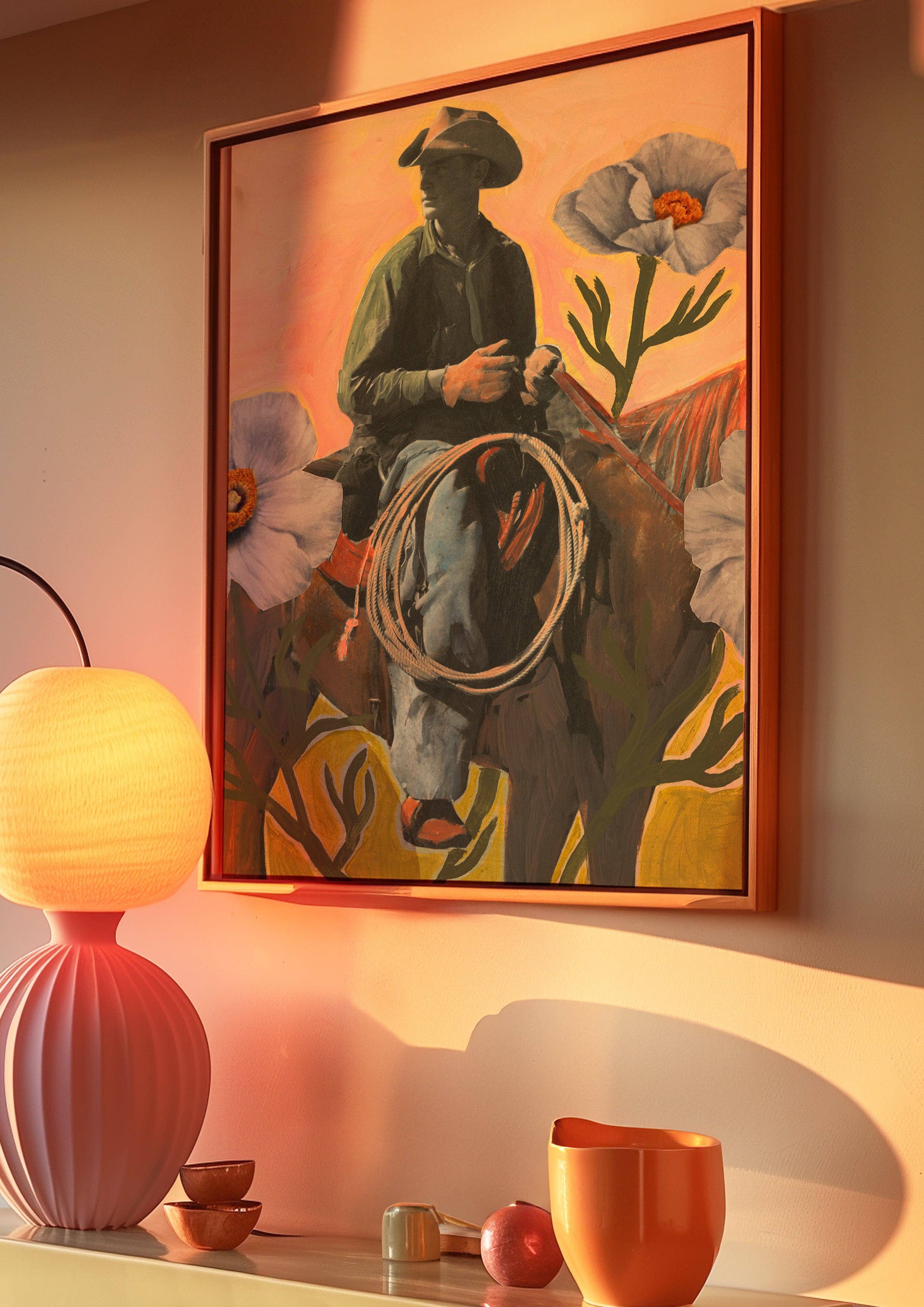 El Baker Art- Retro Rodeo Cowboy Poppy Collage Print