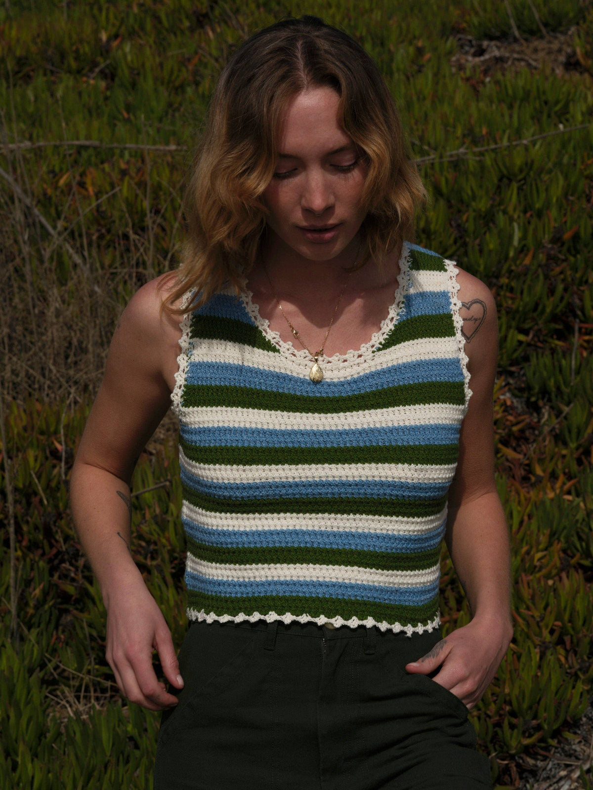Mollusk- Crochet Beach Tank in Blue Green Stripe