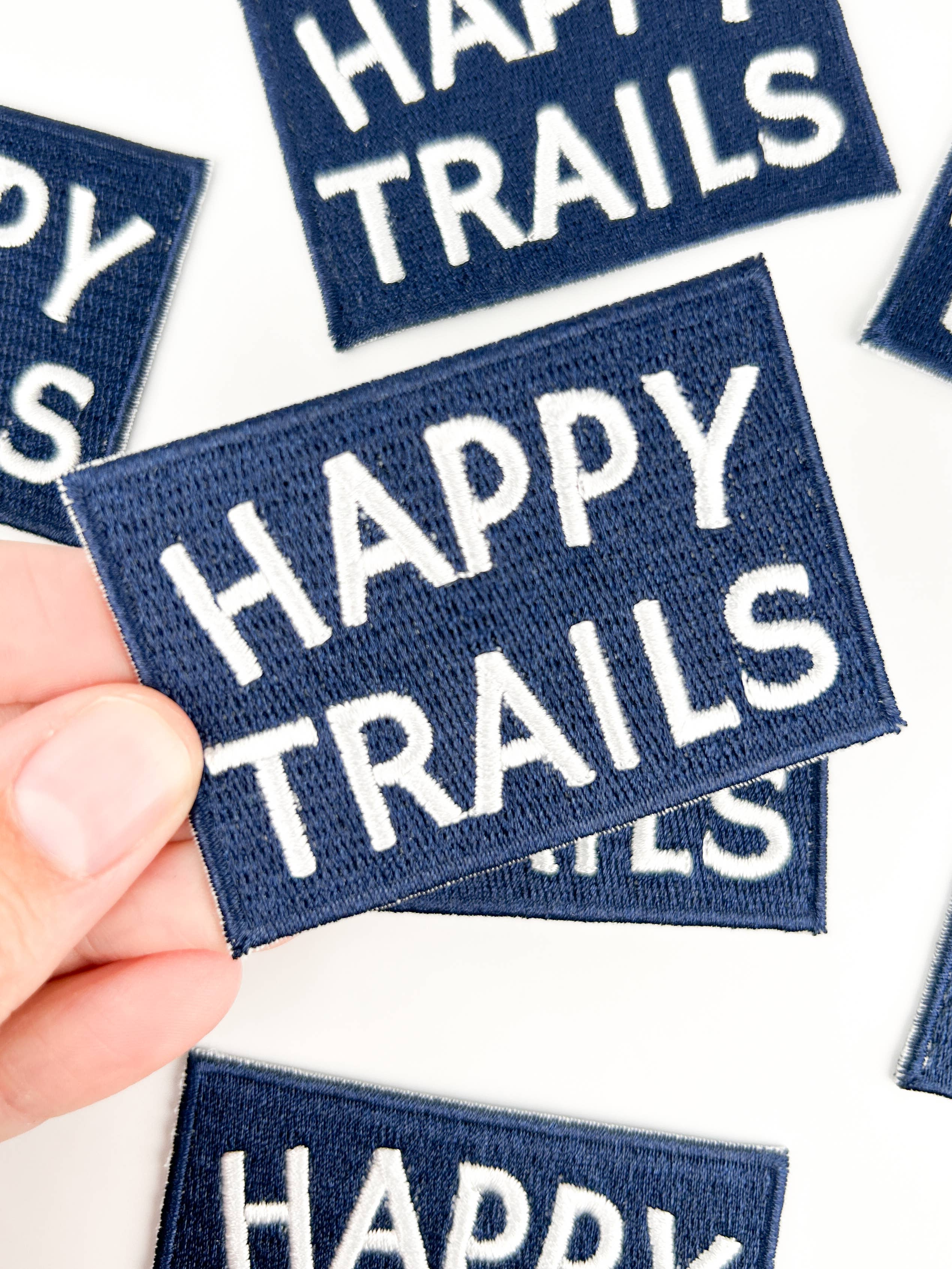 Happy Trails Embroidered Iron-On Patch in Navy & White
