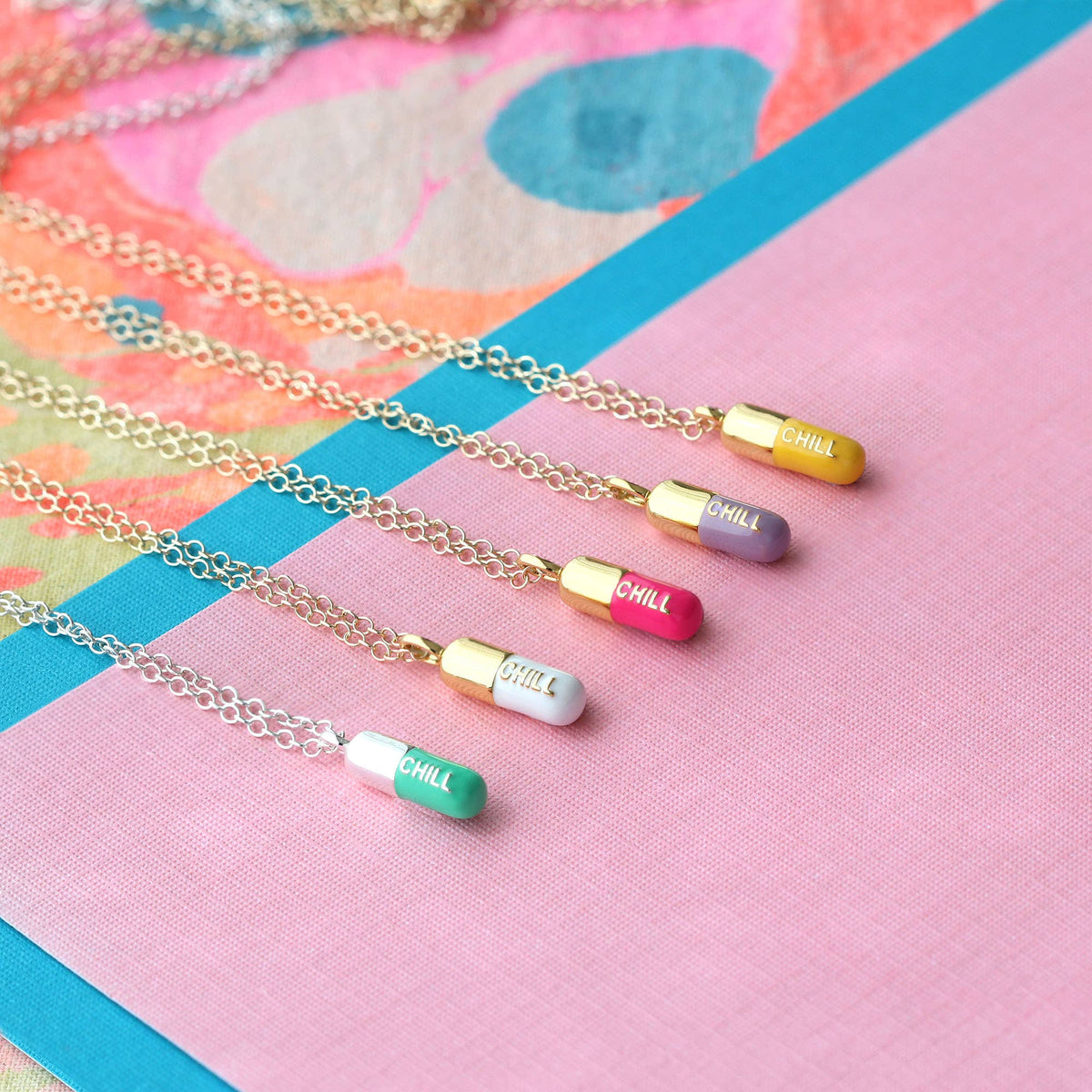 Chill Pill Enamel Necklace 18K Gold Vermeil | Sterling Silver Charm | Gold Filled | Sterling Silver Chain Multiple Colors 16-18 Inches Nickel Free Ships from CA