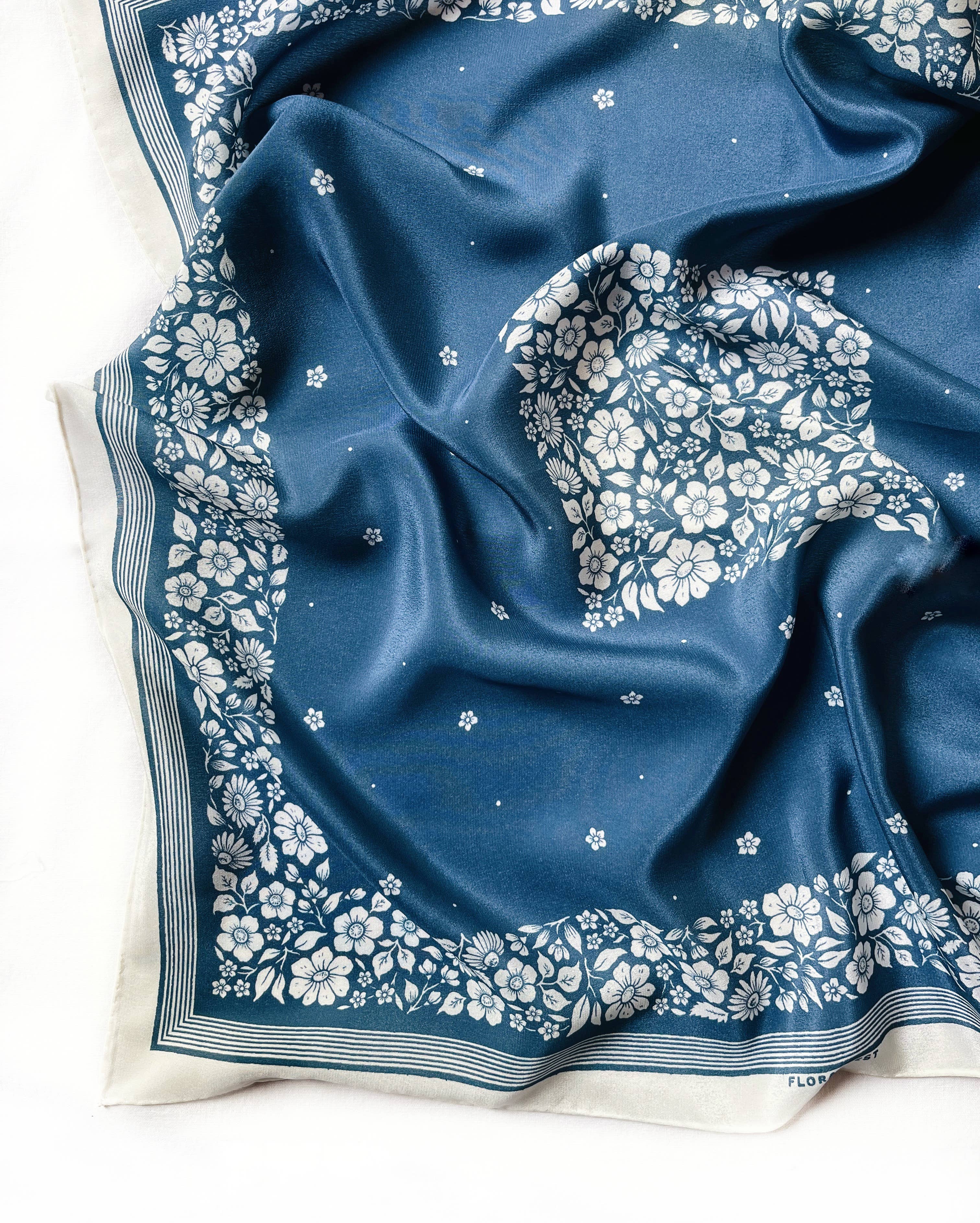 100% Silk Bandana Scarf - Santorini Floral China Blue
