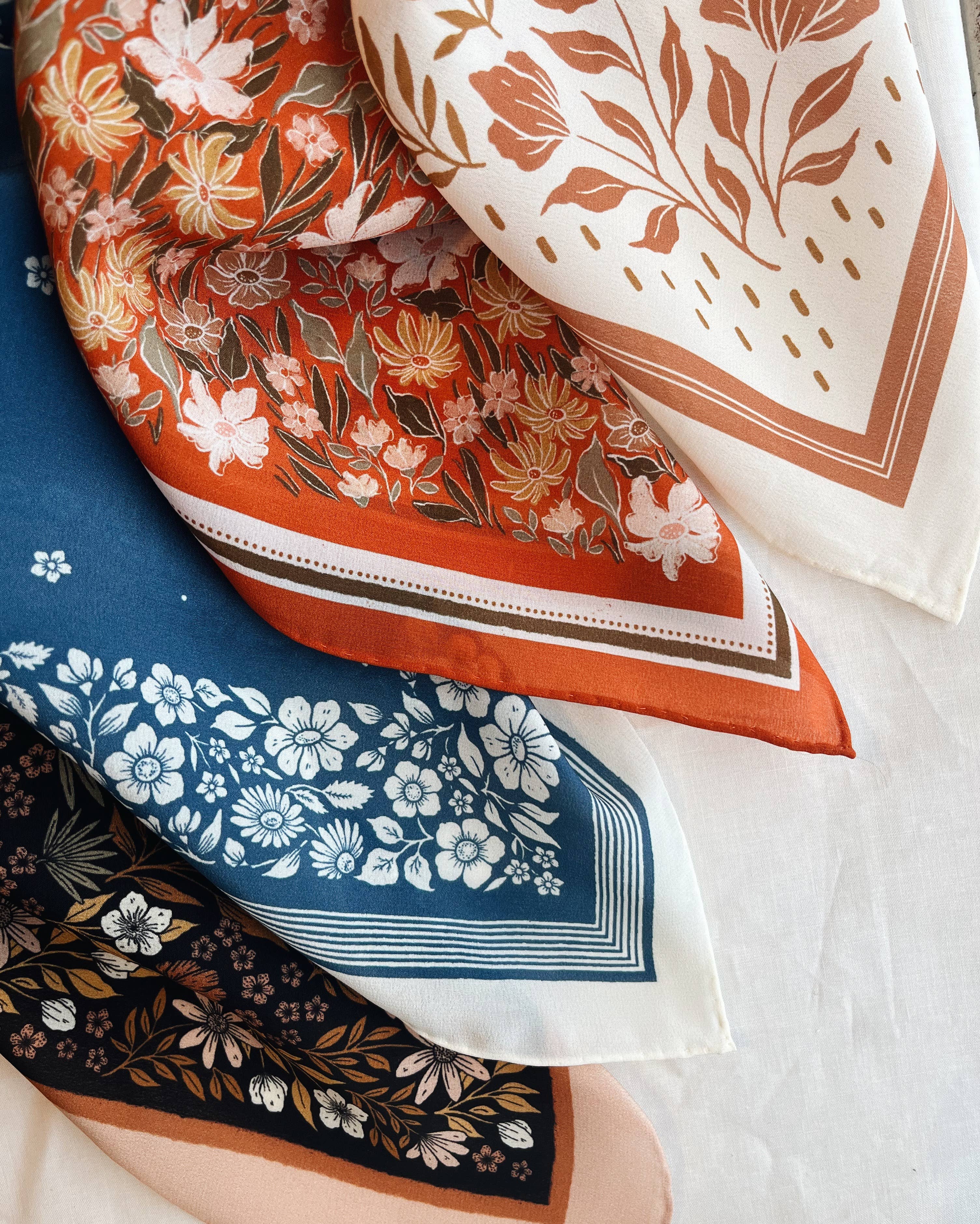 100% Silk Bandana Scarf - Santorini Floral China Blue