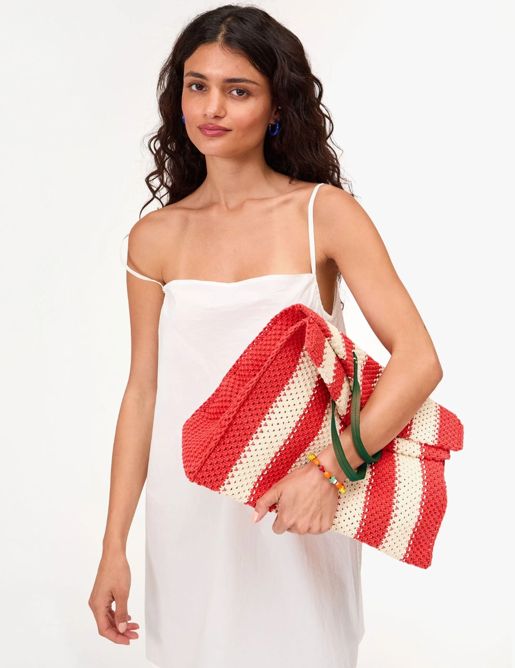 Clare V. Summer Simple Tote Cream/Bright Poppy Crochet Stripe
