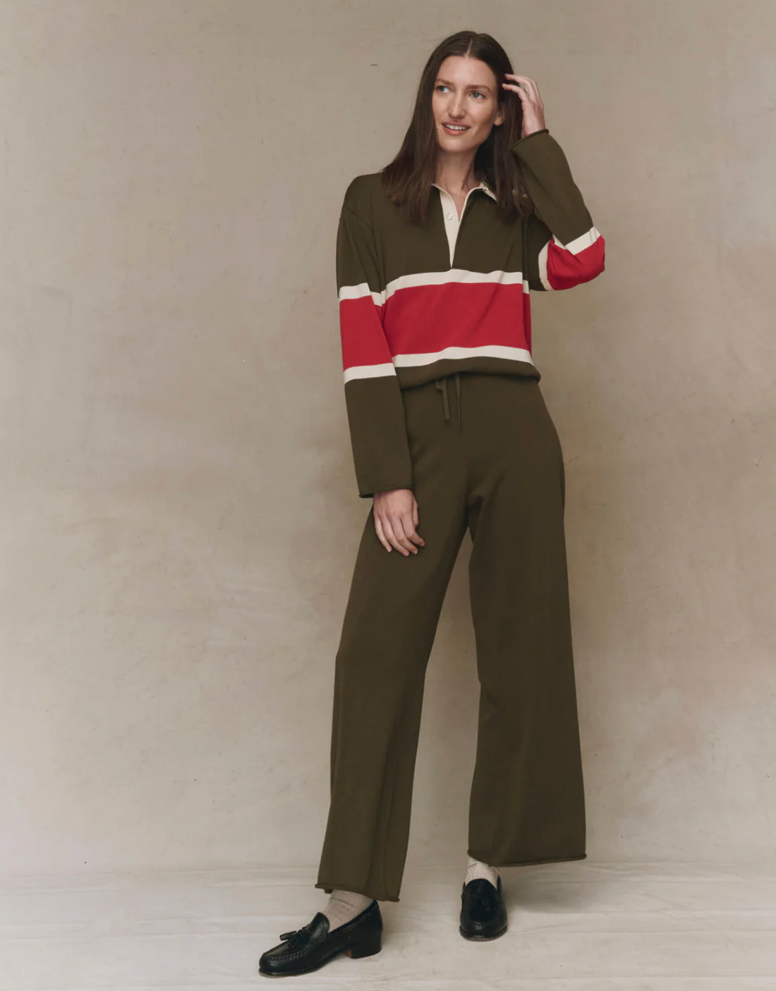 The Great. The Rugby Sweater in Army with Hot Red Stripe