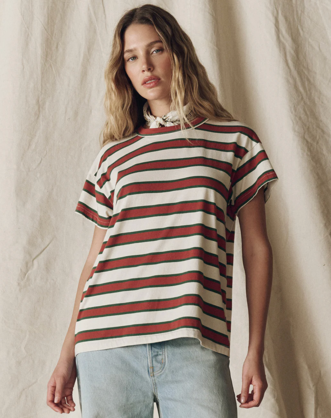 The Great. The Boxy Crew in Cream Bridle Stripe