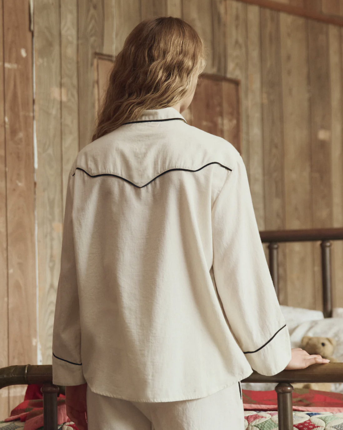 The Great. Flannel Western Pajama Shirt Cream/ Black