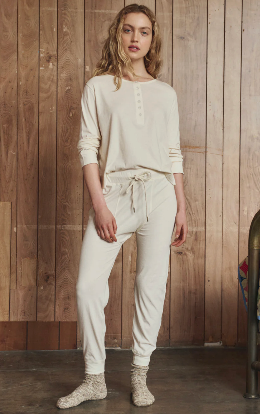 The Great. The Crop Sleep Henley. in Washed White