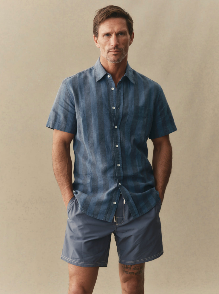 Taylor Stitch- The Short Sleeve California in Blue Stripe Hemp