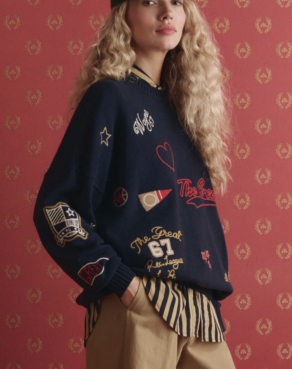 The Great. The Embroidered Pullover in Navy