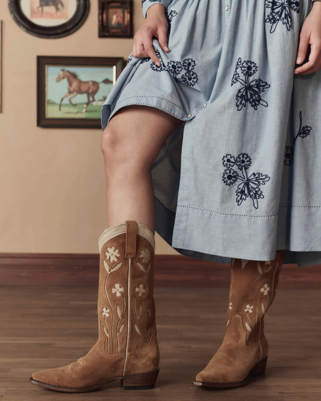 The Great. THE COWBOY BOOT IN TAN SUEDE FLORAL
