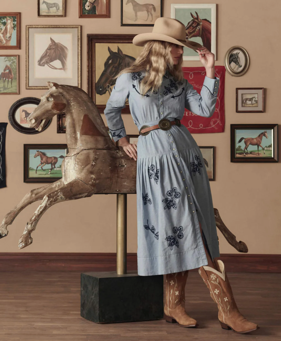 The Great. THE COWBOY BOOT IN TAN SUEDE FLORAL