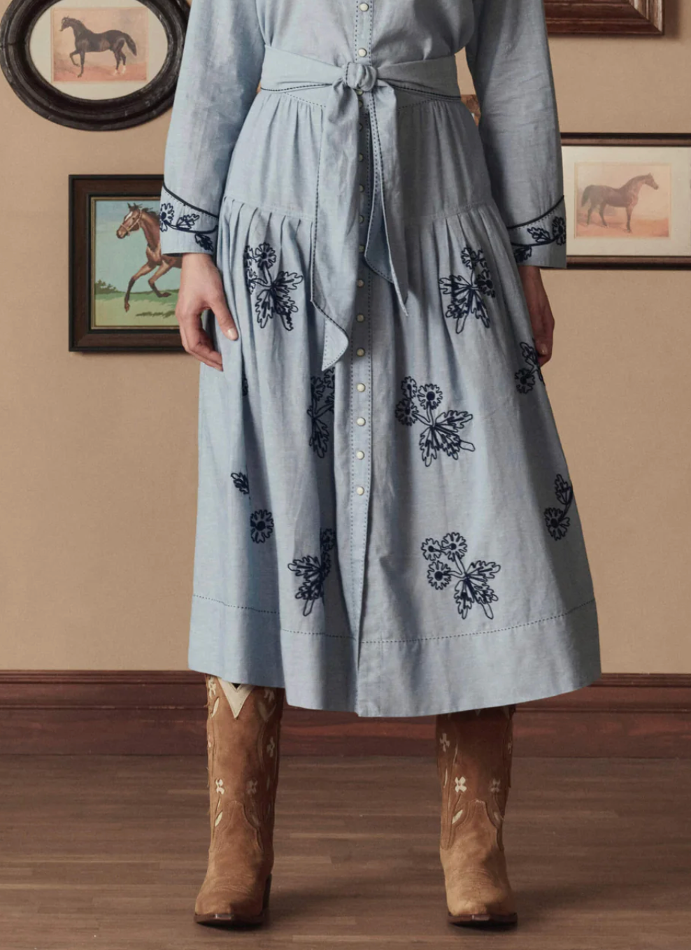 The Great. THE COWBOY BOOT IN TAN SUEDE FLORAL