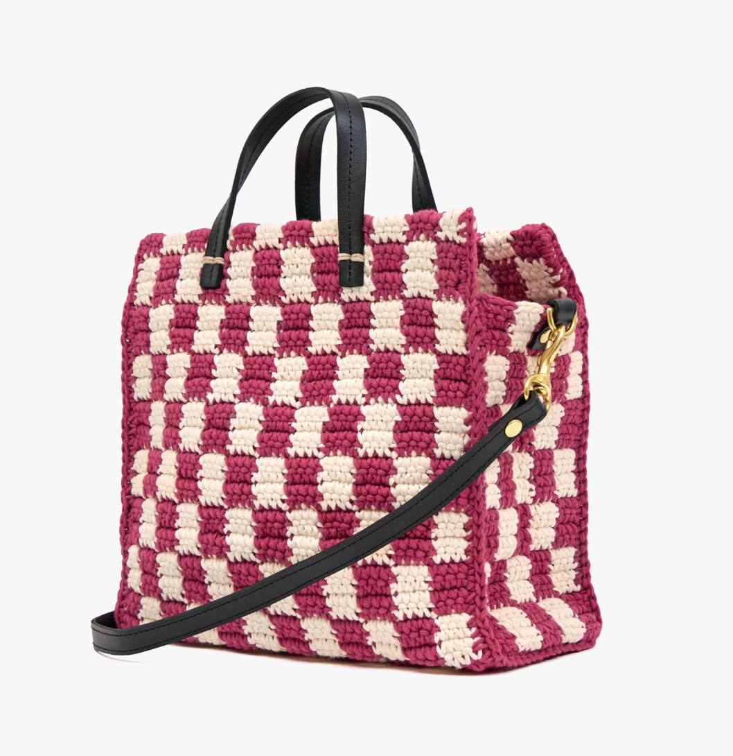 Clare V. Petit Summer Simple Tote - Mini Crochet Checker in Plummy and Cream