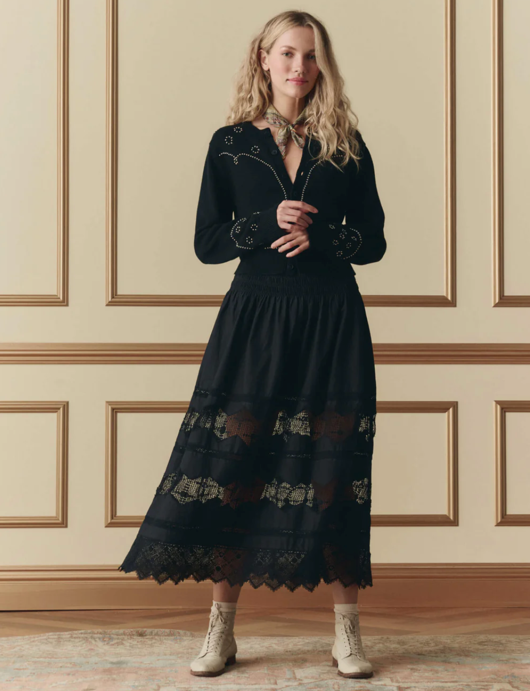 The Great.The Rosette Crochet Canary Skirt in Black