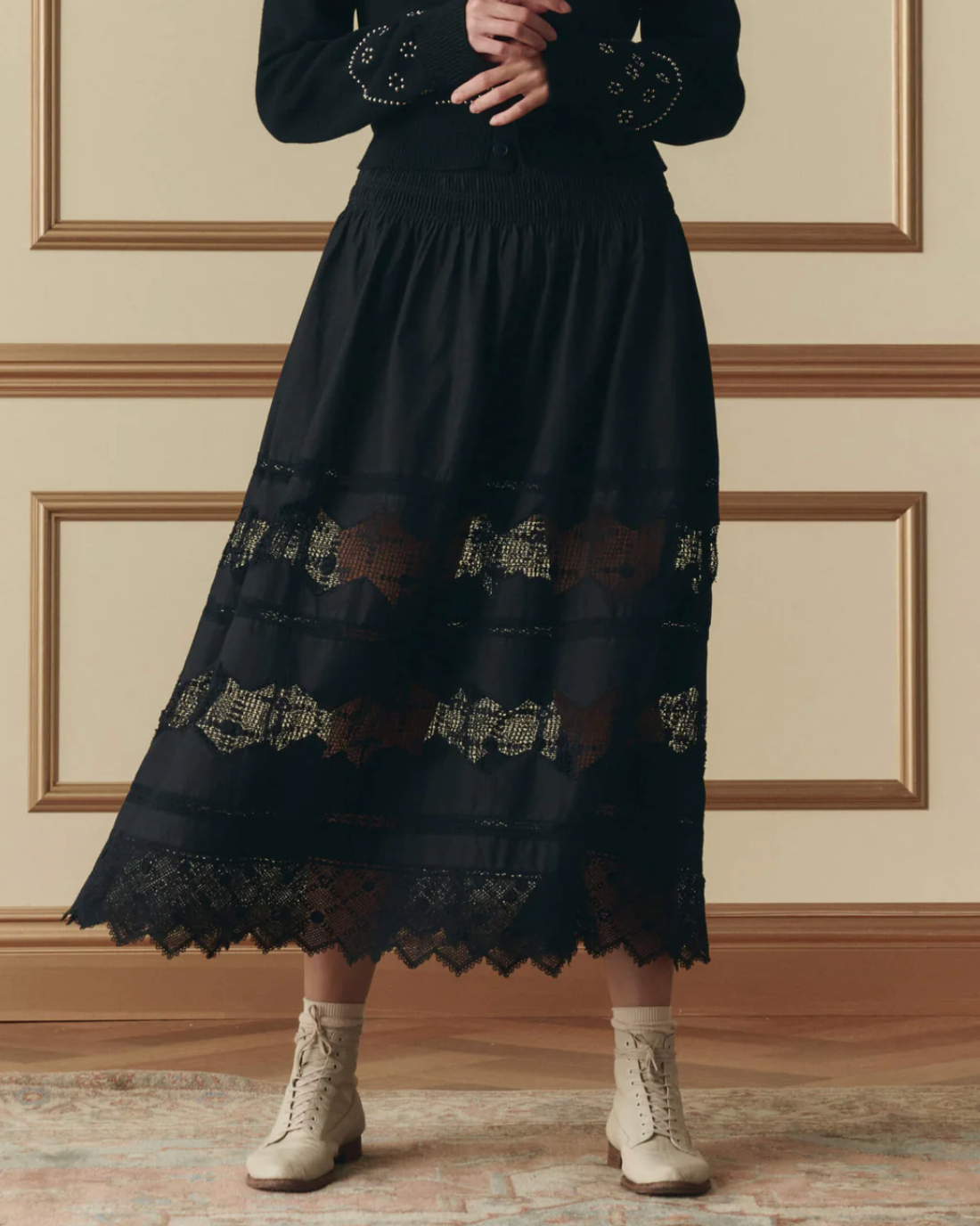 The Great.The Rosette Crochet Canary Skirt in Black