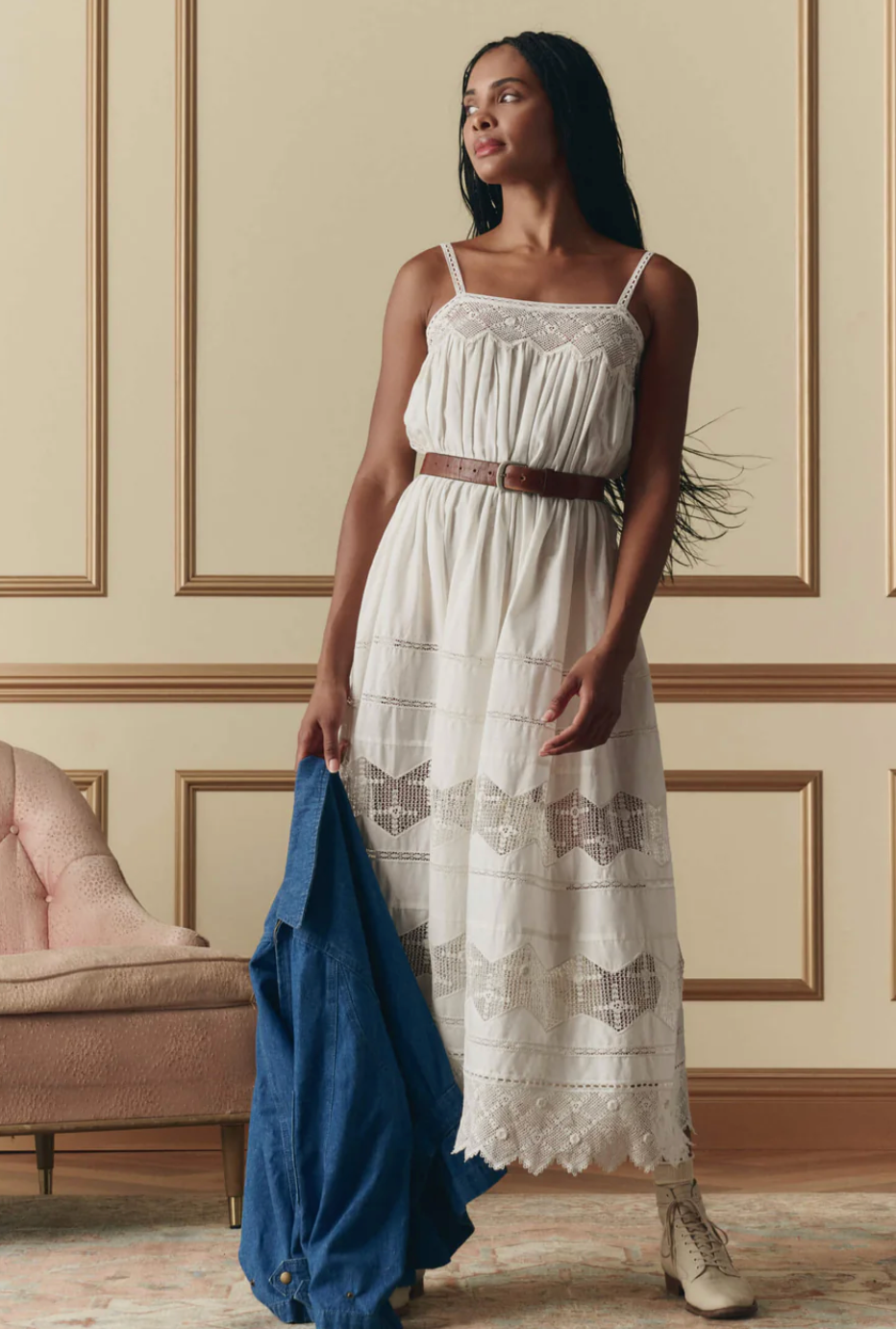The Great. The Rosette Crochet Dress in Cream