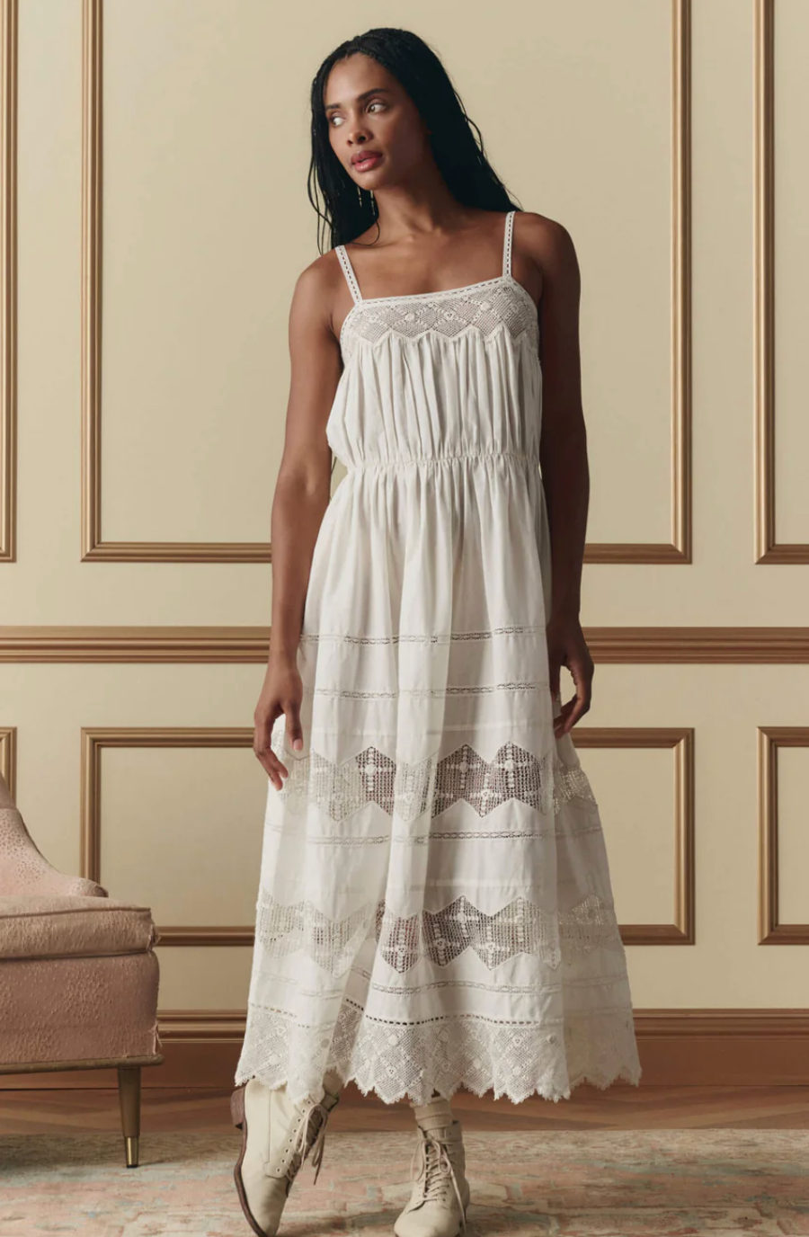 The Great. The Rosette Crochet Dress in Cream