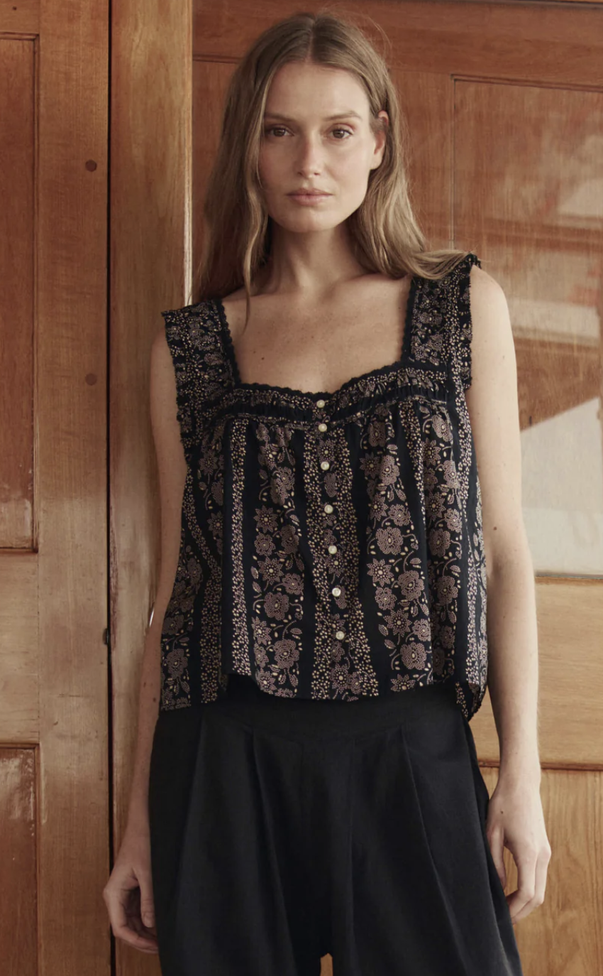 The Great. The Victorian Pleat Tank in Black And Cream Token Floral