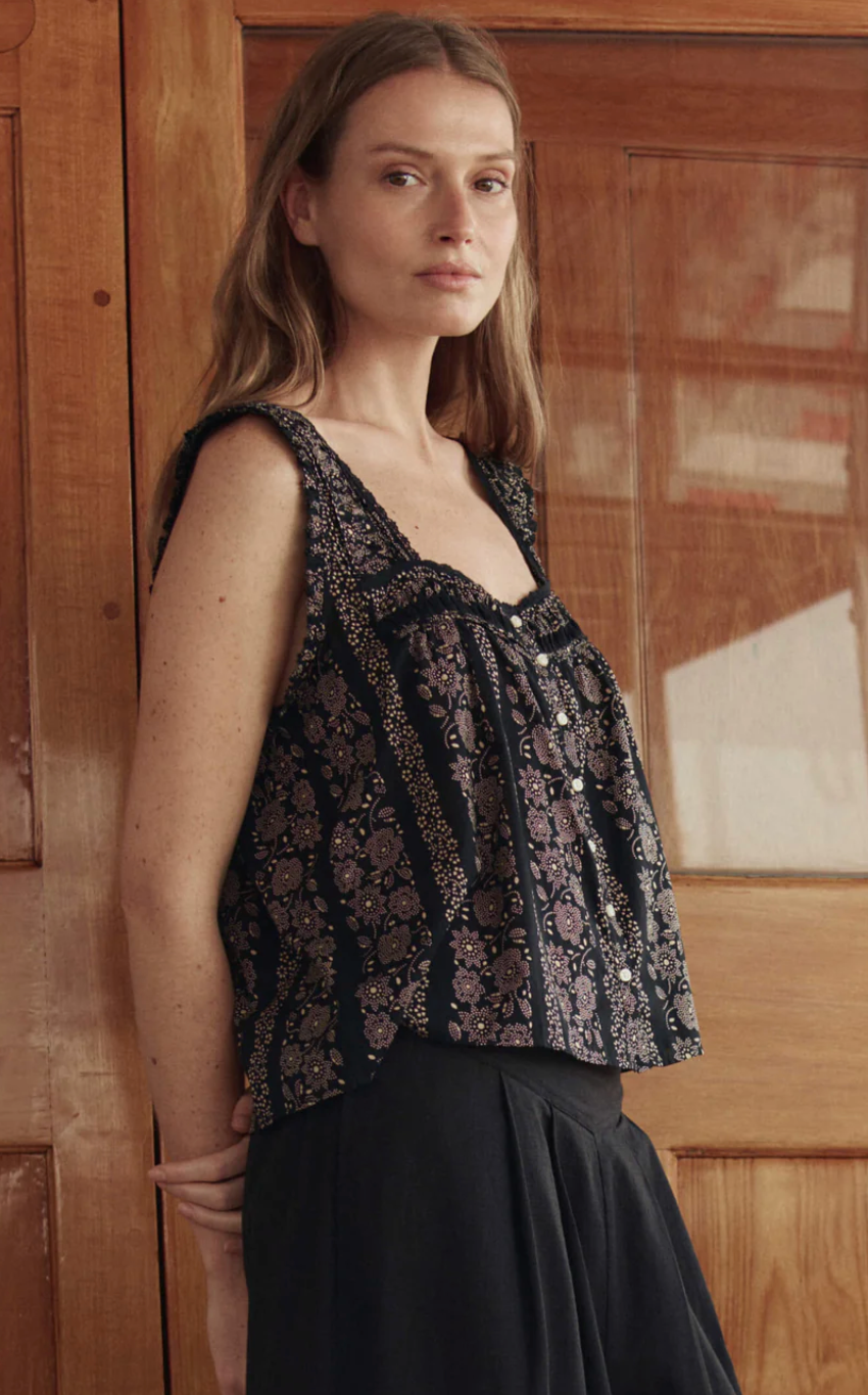 The Great. The Victorian Pleat Tank in Black And Cream Token Floral