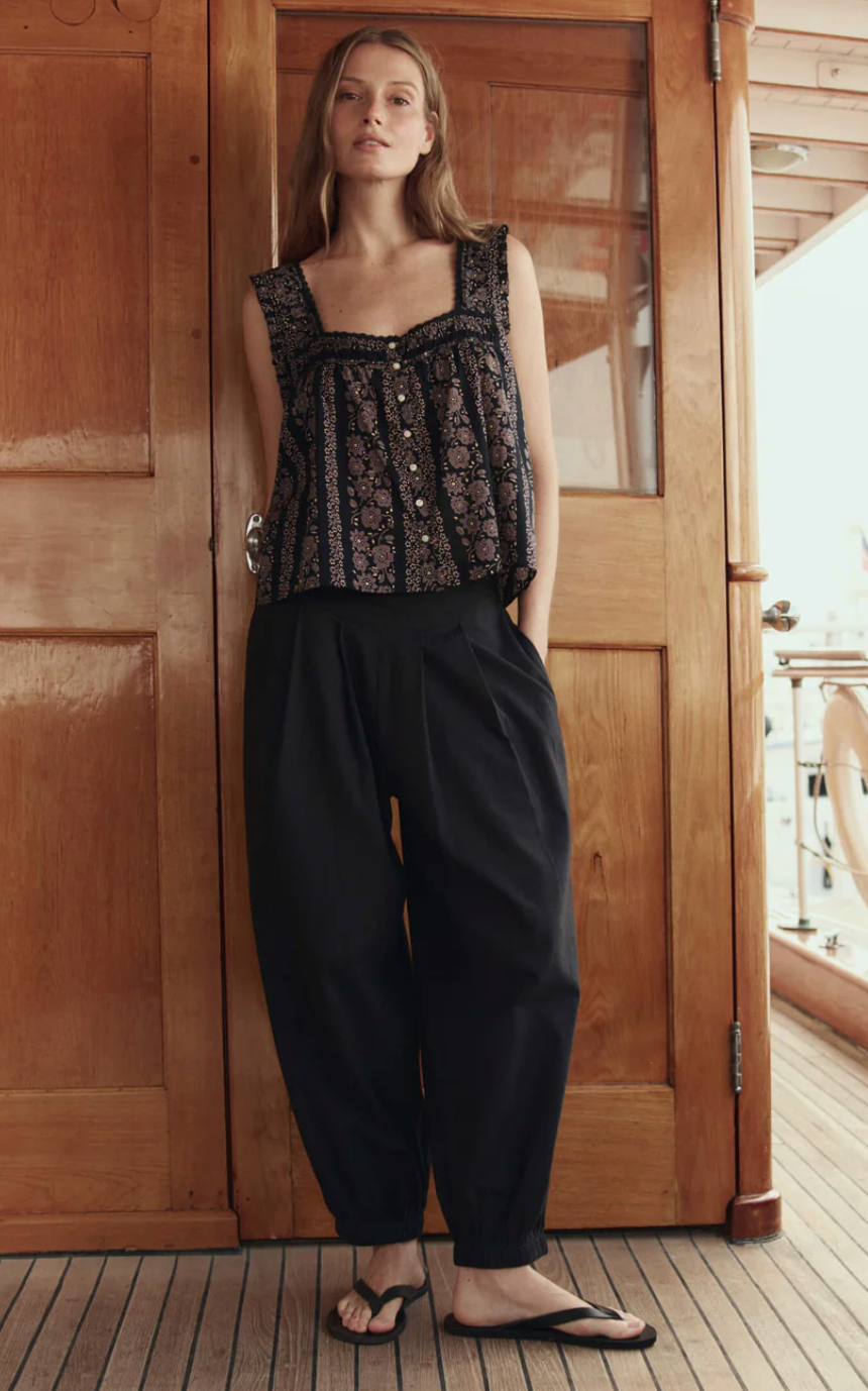 The Great. The Victorian Pleat Tank in Black And Cream Token Floral