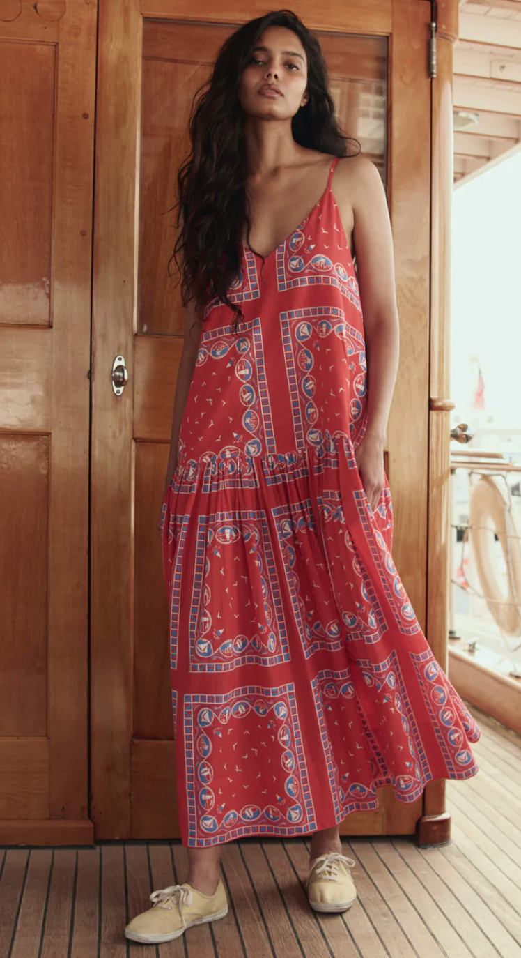 The Great. The Drop Waist Dress in Red Sailboat Bandana