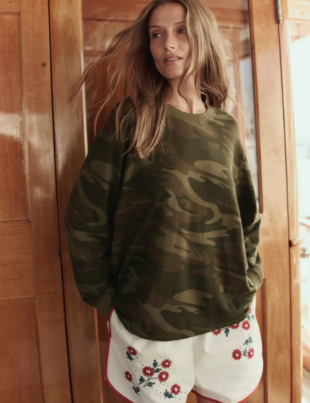 The Great. The Long Sleeve Relaxed Crew in Deep Woods Camo