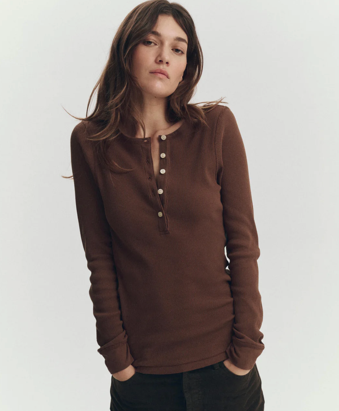 The Great. The Baby Rib Henley in Chocolate