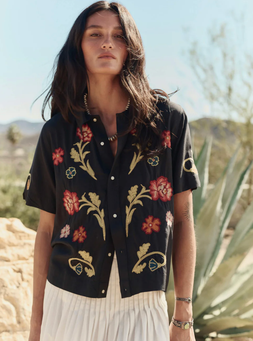 The Great. The Embroidered Paloma Top in Black
