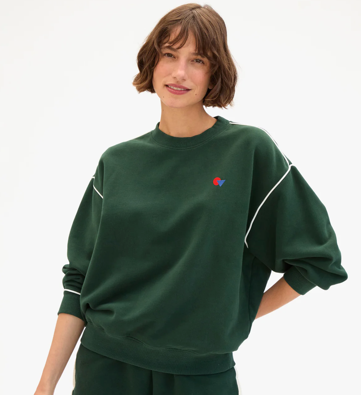 Clare V. Oversized Sweatshirt in Deep Forest w/ Cream Piping & Geo Les Sardines Patch