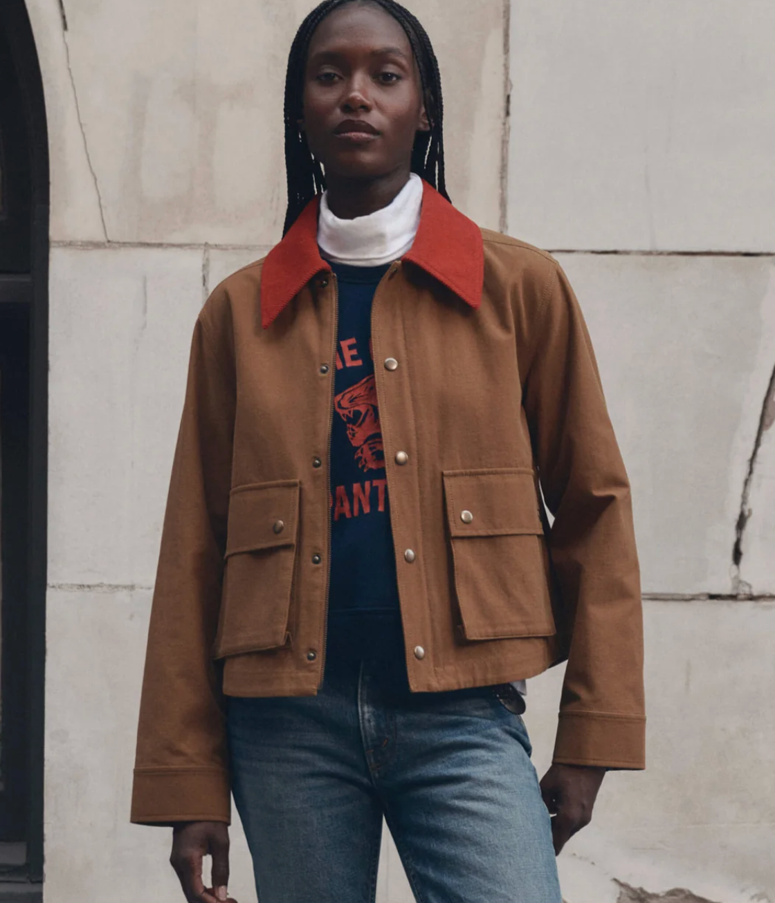 The Great. The Swingy Jacket in Rust with Bright Red