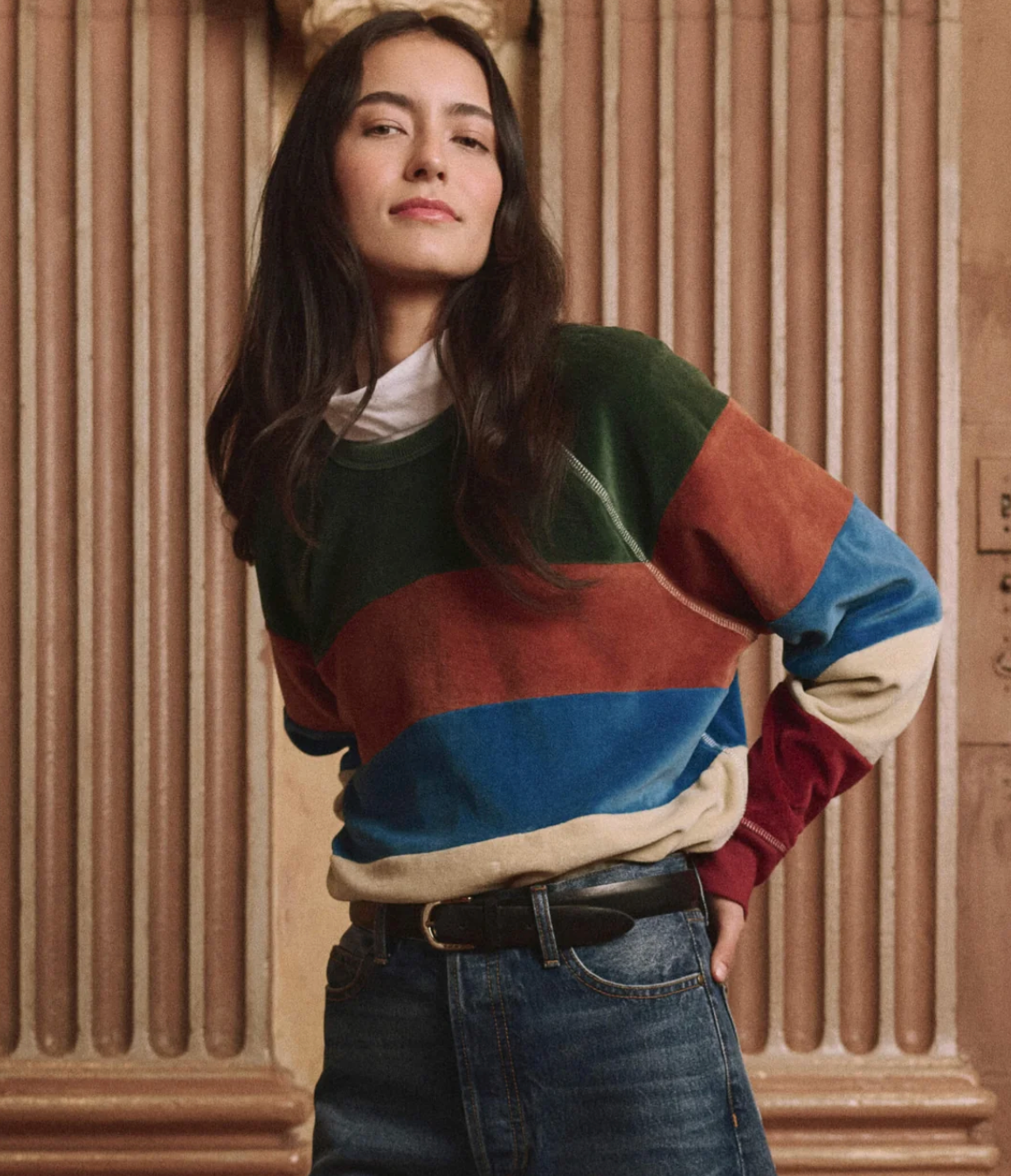 The Great. The Pieced Stripe Velour College Sweatshirt in Arroyo Stripe