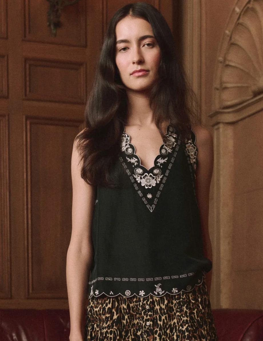 The Great. The Embroidered Floral Slip Top in Black