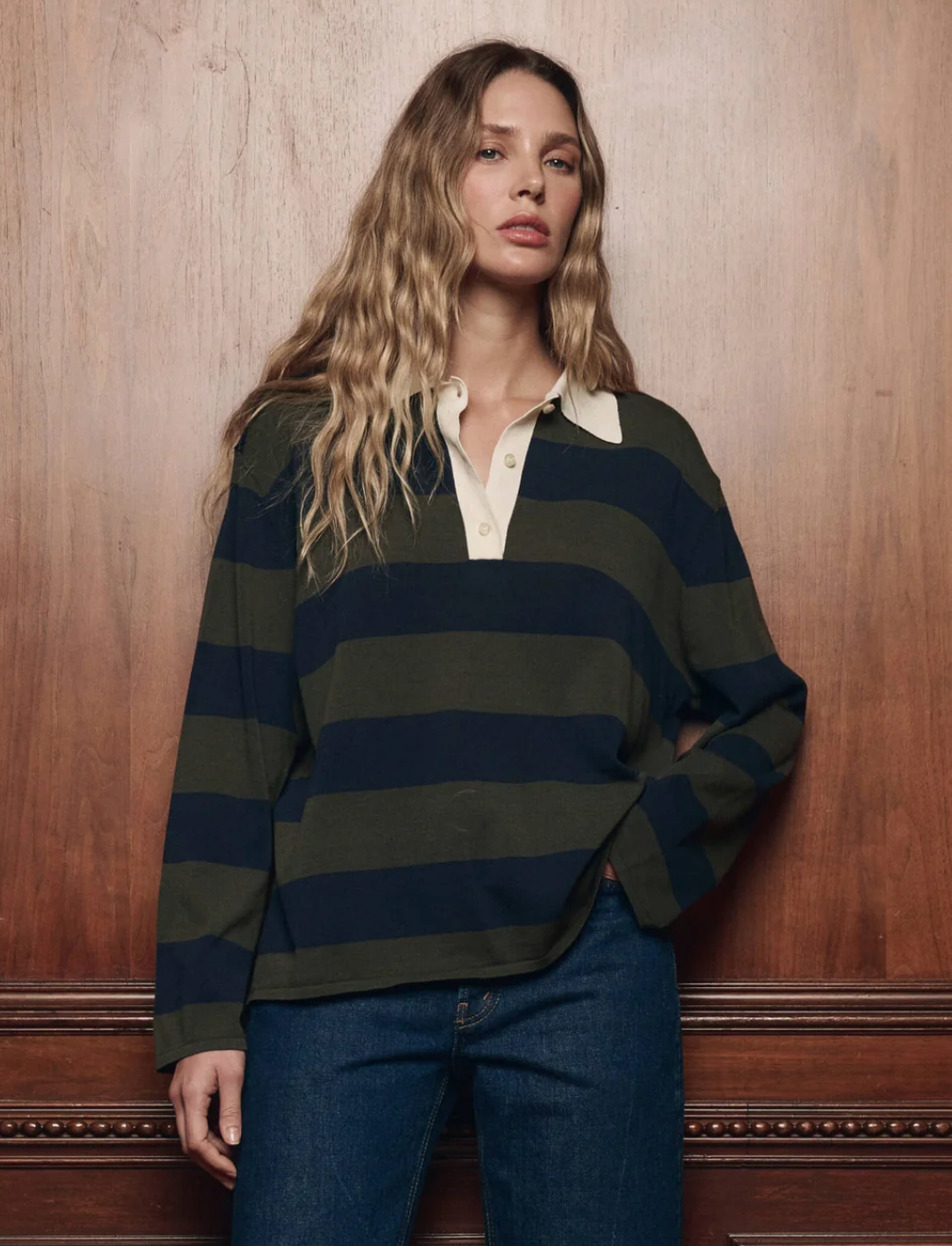The Great. The Academy Polo Sweater in Army League Stripe