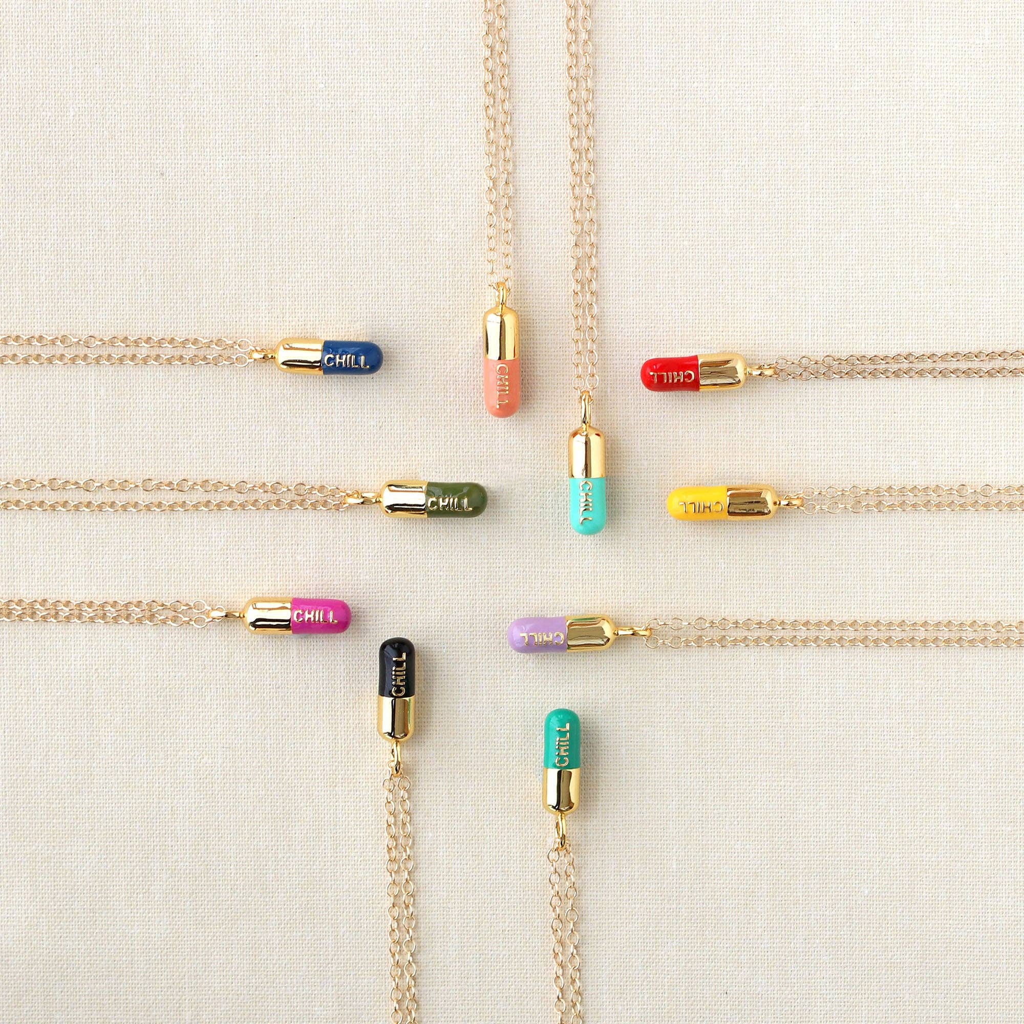 Chill Pill Enamel Necklace 18K Gold Vermeil | Sterling Silver Charm | Gold Filled | Sterling Silver Chain Multiple Colors 16-18 Inches Nickel Free Ships from CA
