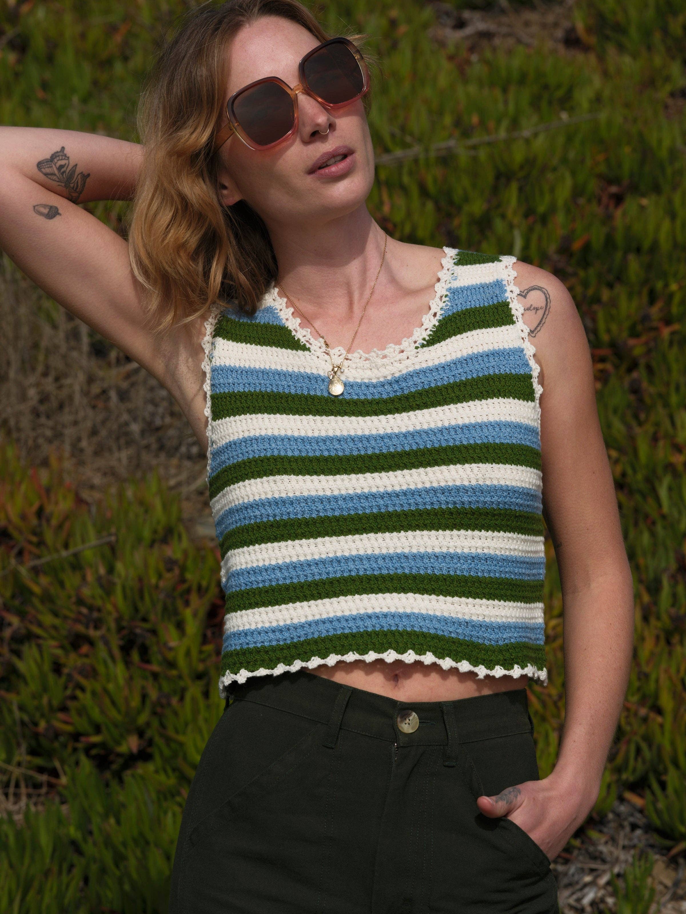Mollusk- Crochet Beach Tank in Blue Green Stripe