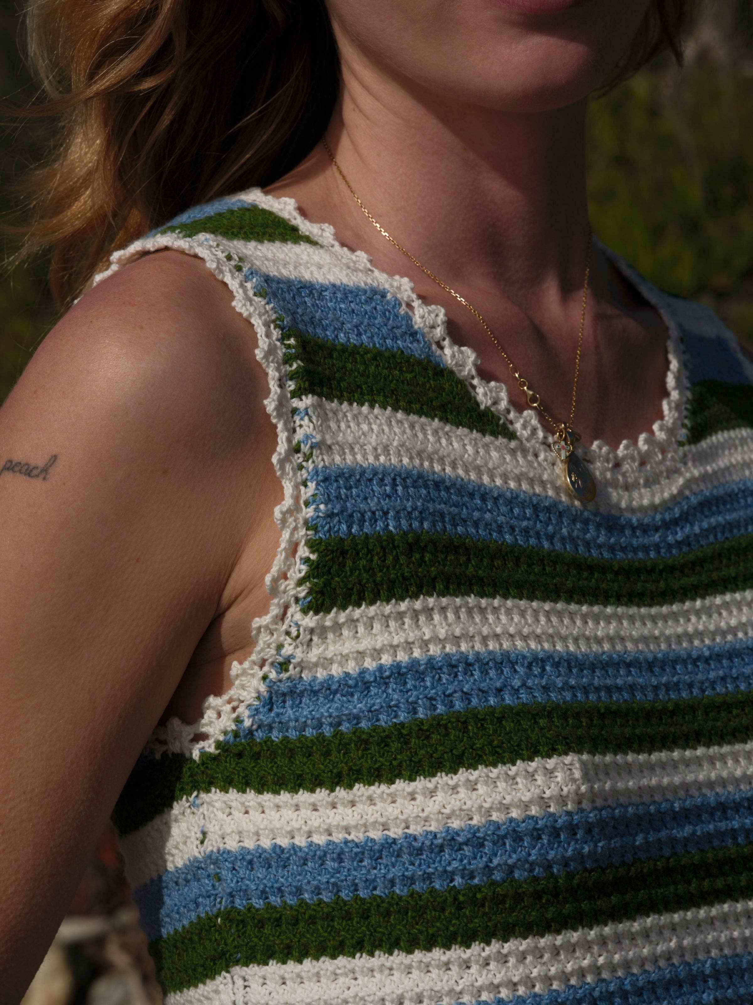 Mollusk- Crochet Beach Tank in Blue Green Stripe