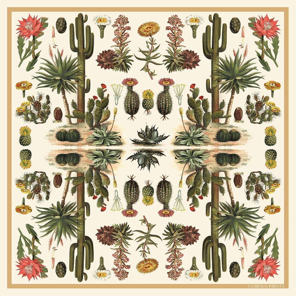 100% Silk Scarf Botanical Cactus Summer Bandana Tapestry