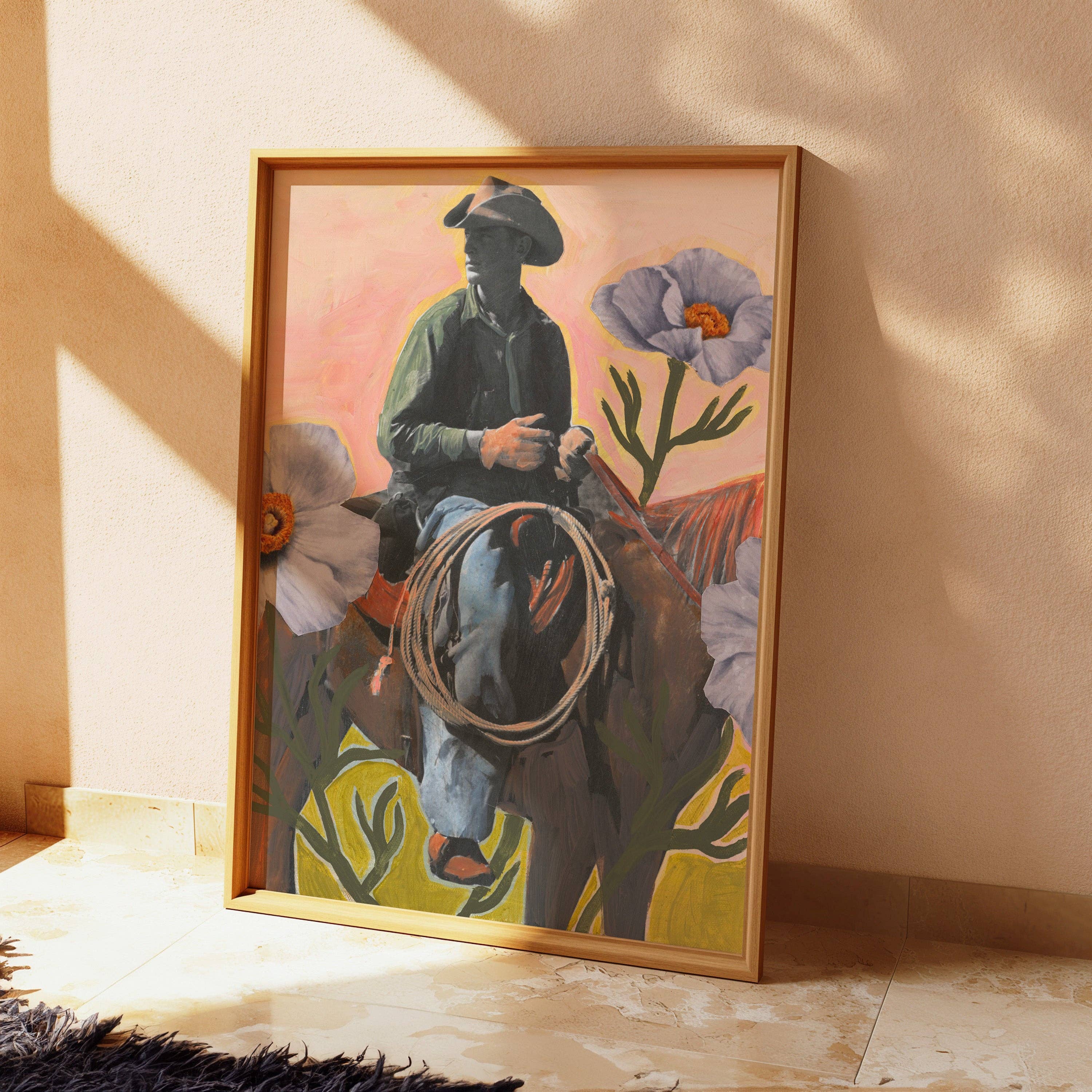 El Baker Art- Retro Rodeo Cowboy Poppy Collage Print